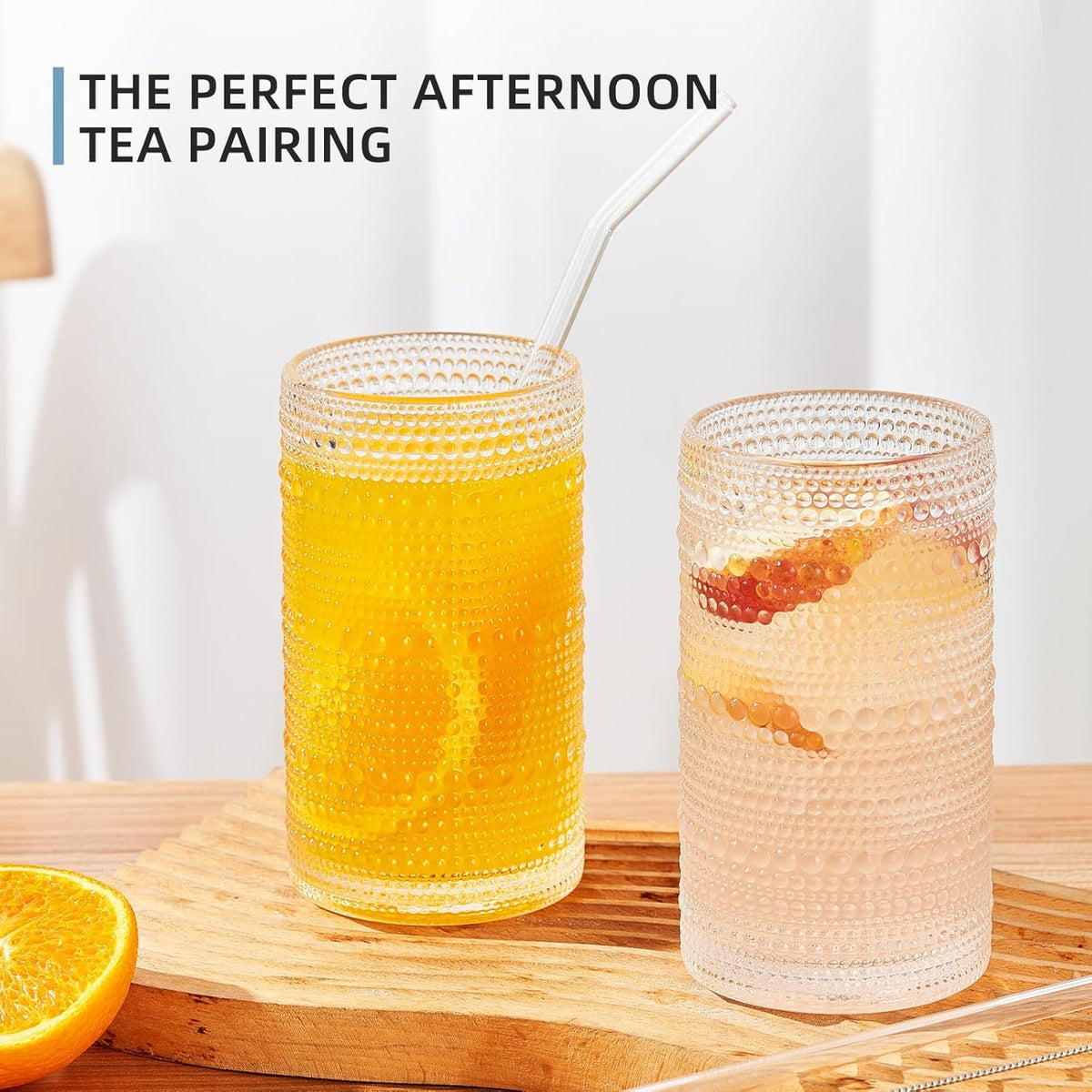 16oz Hobnail Drinking Glasses Set of 6, Vintage Large Capacity Embossed Clear Tumblers, Highball Glasses for Water, Cocktail, Beer, Whiskey, Juice & Bar Use (Clear)