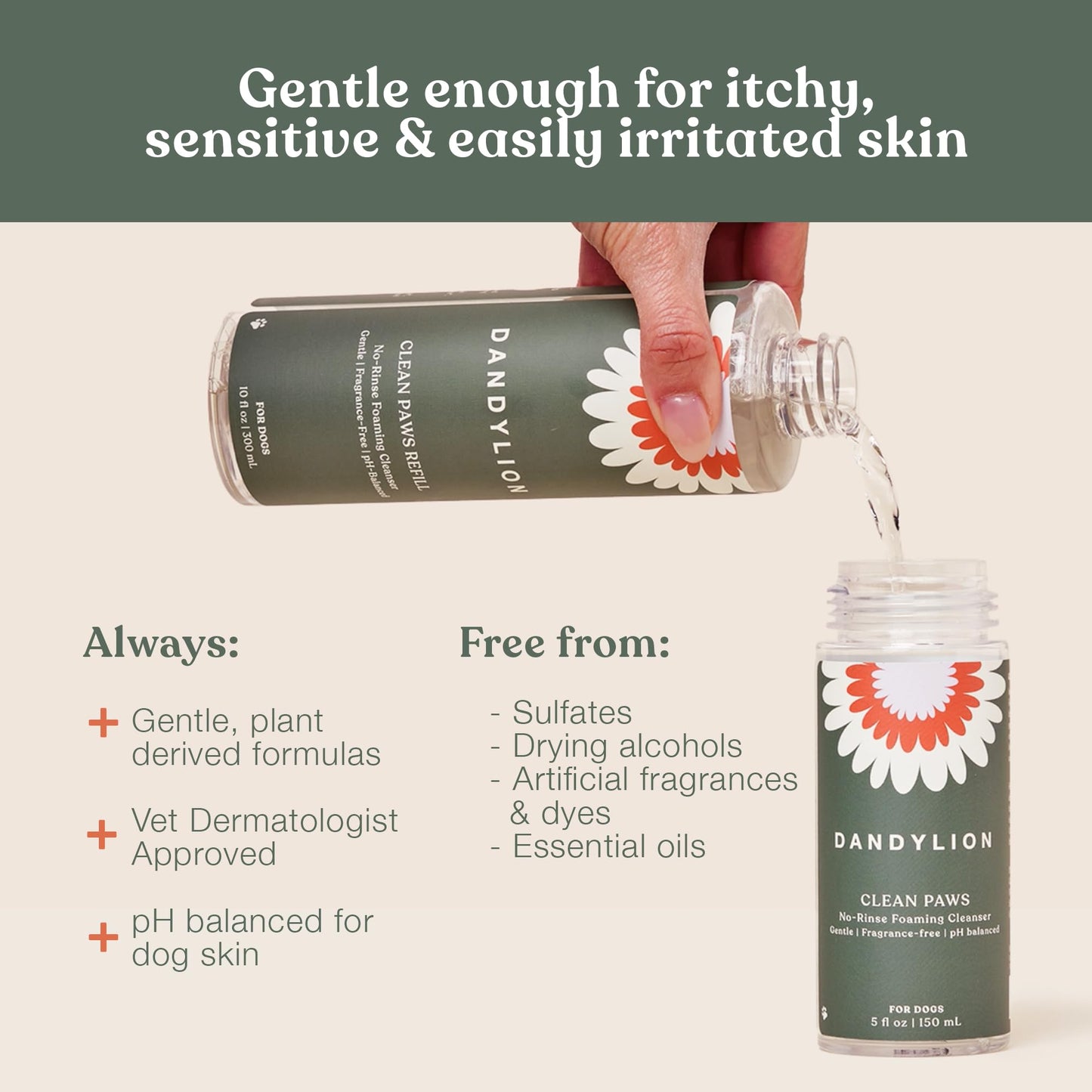 Dandylion Clean Paws Refill | Dog Paw Cleaner & Washer for Muddy Paws | No-Rinse Foaming Cleanser | Gentle, Fragrance-Free, pH Balanced & Safe for Small & Large Dogs | Refill Bottle | 10 fl oz