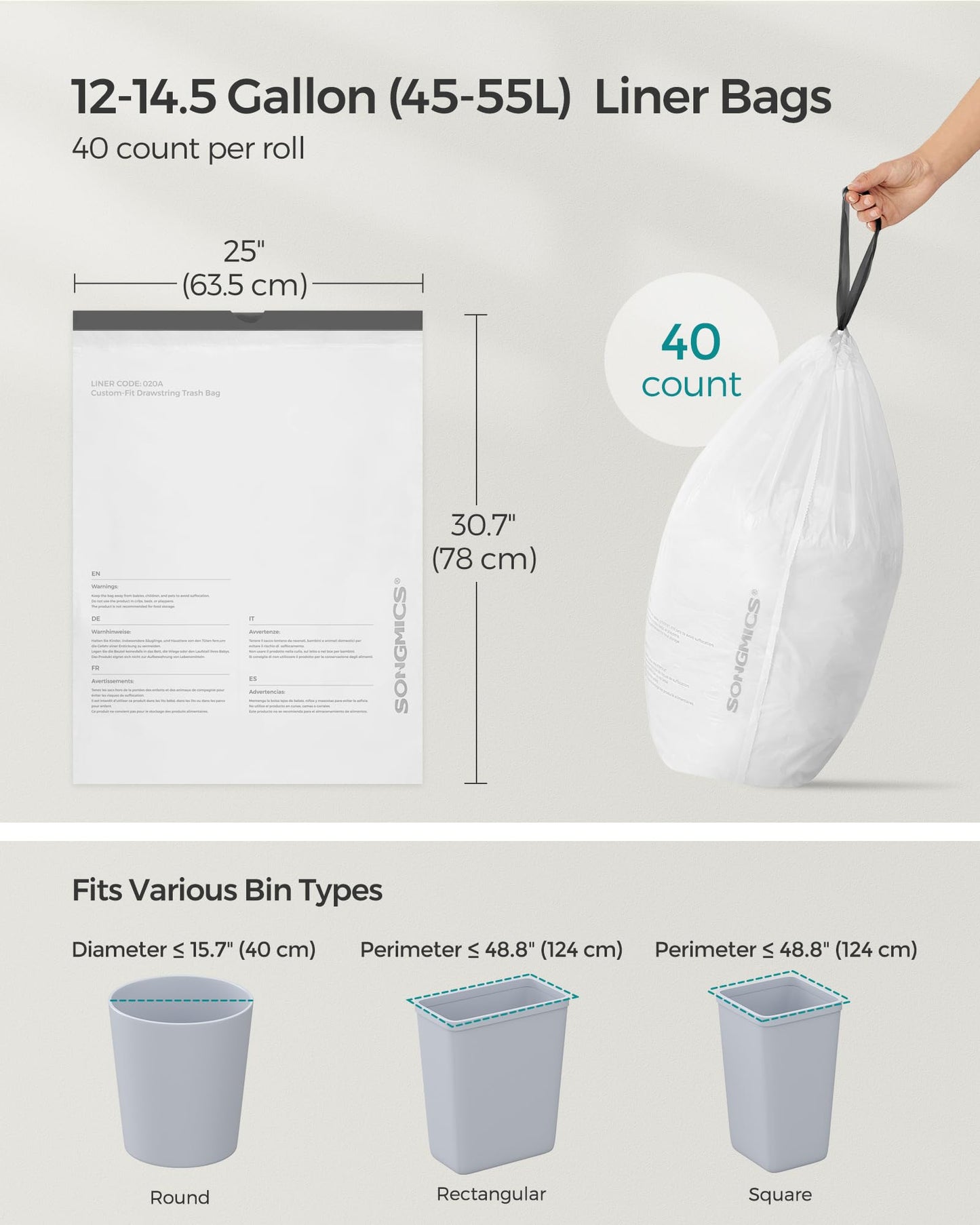 SONGMICS Trash Bags for 12-14.5 Gallon (45-55L) Trash Cans, 120 Count Drawstring Kitchen Garbage Bags, Pre-Separated, Liner Code 055A01, 3 Rolls,White UKRB055A03