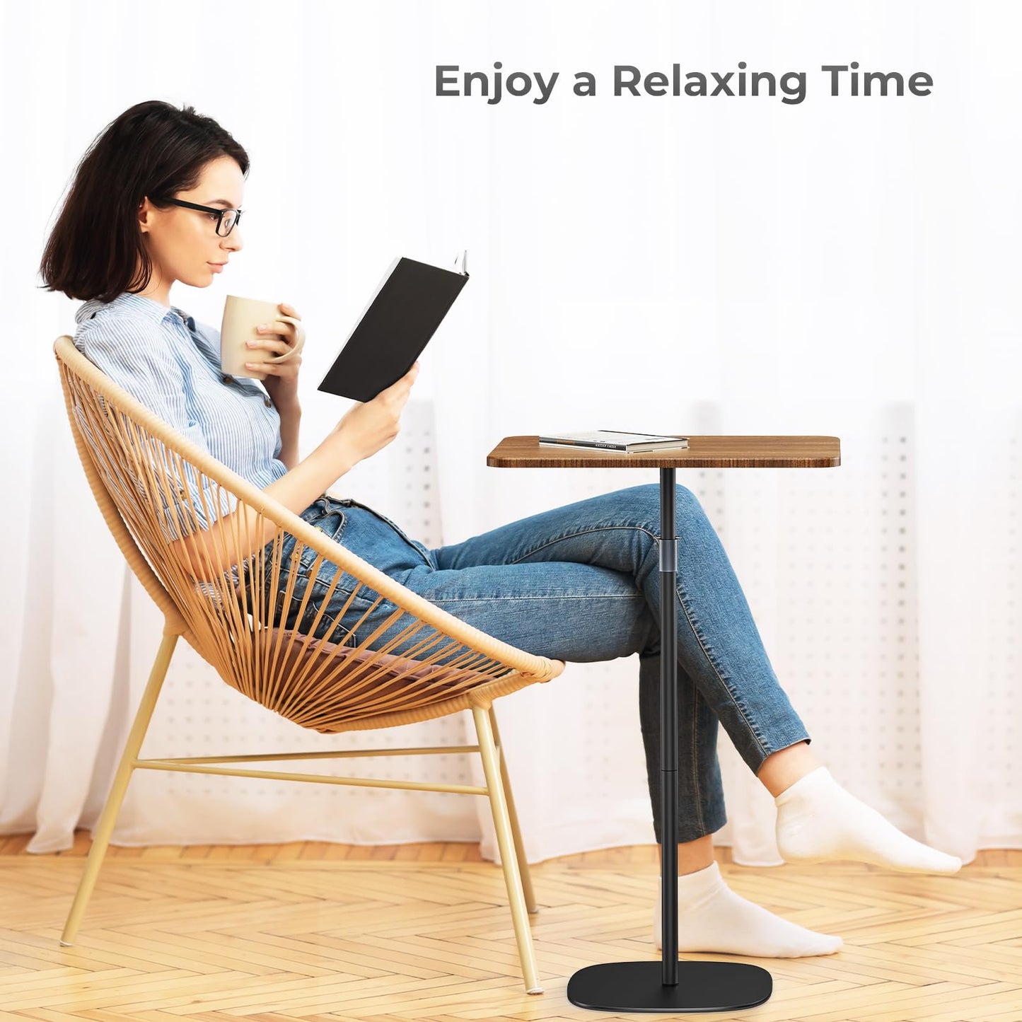 POLESTO Portable Laptop Floor Stand, Bedside/Sofa Table with Height Adjustable 18''~47'', Sleek Wooden Lectern Standing Desk Mobile Podium for Home, Office, School, Black