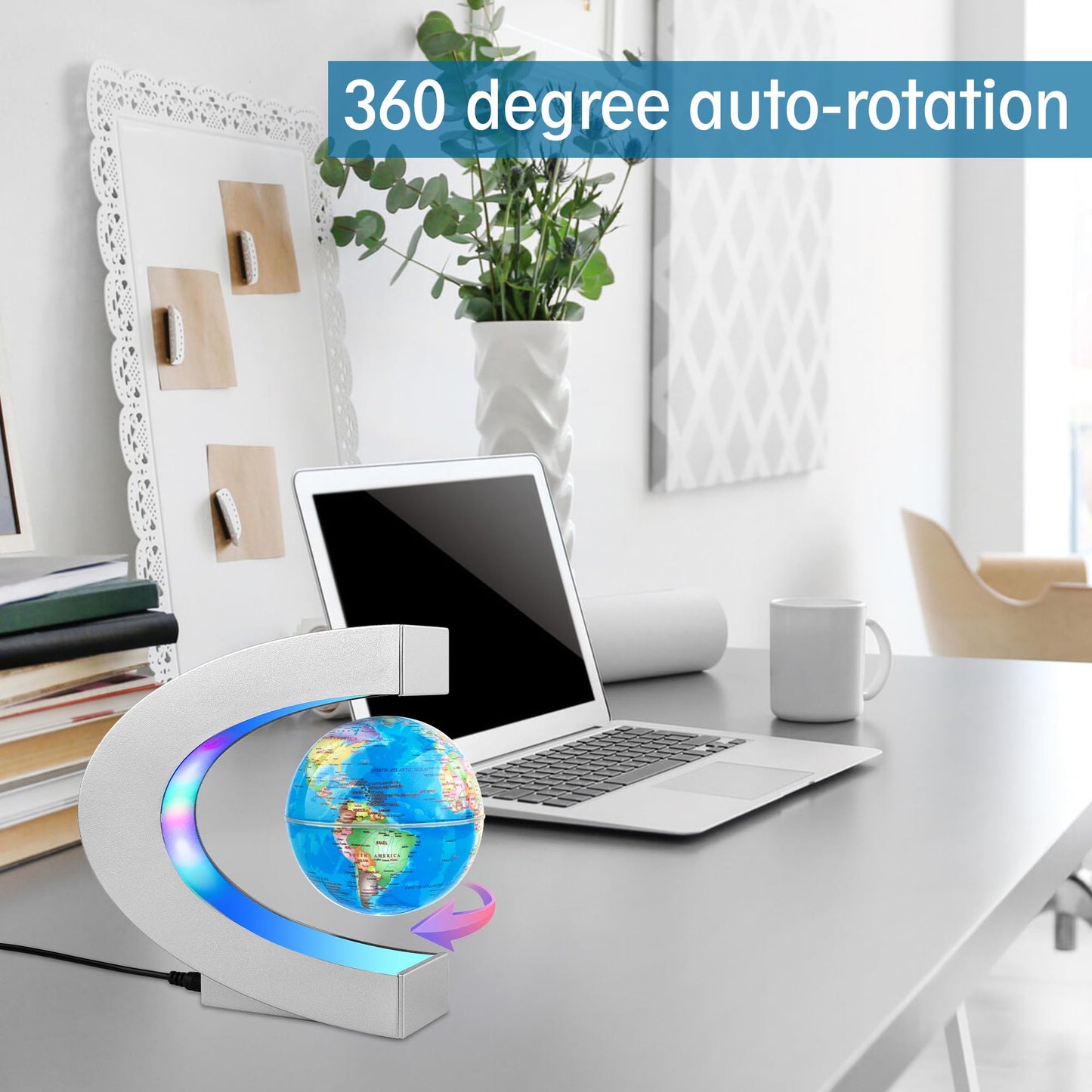 MOKOQI Magnetic Levitating Globe with LED Light, Cool Tech Gift for Men Father Boys and Girls , Birthday Gifts for Kids, Floating Globes World Desk Gadget Decor in Office Home/Display Frame Stand (Sliver)