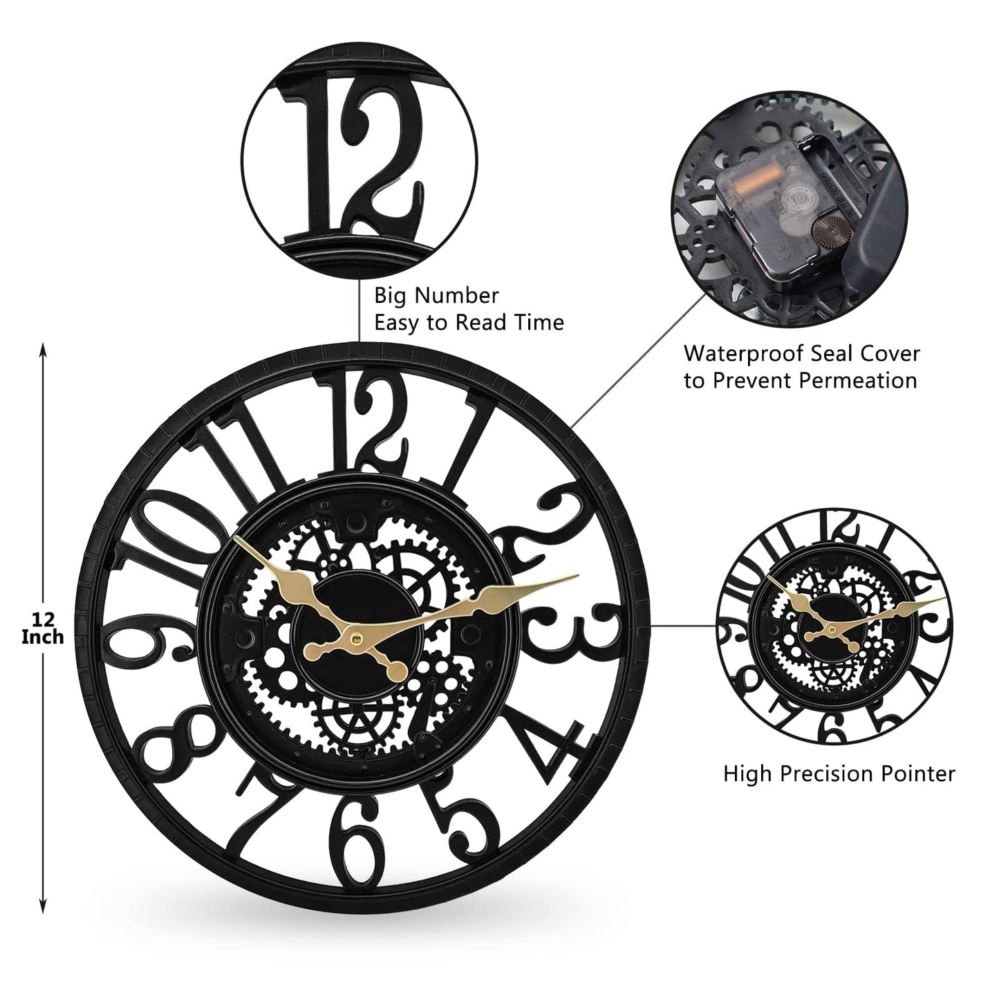 WrtmyR Outdoor Wall Clock Waterproof, 12 Inch Silent Non-Ticking Battery Operated Outside Clock, Decor Clock for Patio, Pool, Garden, Fence, Porch, Lanai, Farmhouse Decor (Dark Black)