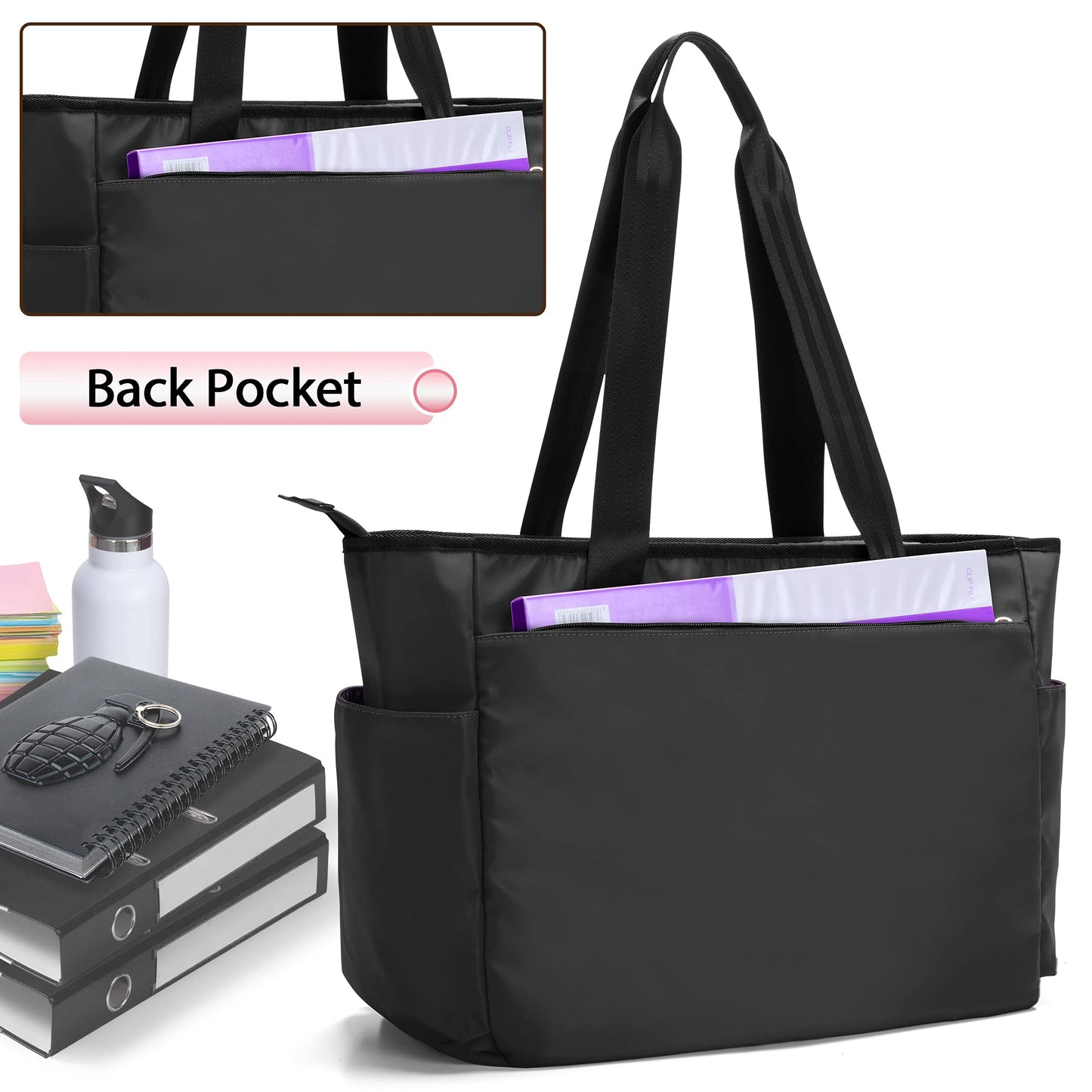 Damero Teacher Bag, Teacher Utility Tote Bag with Zip Top and Padded Sleeve for up to 15.6’’ Laptop for School, Office, Business, Black