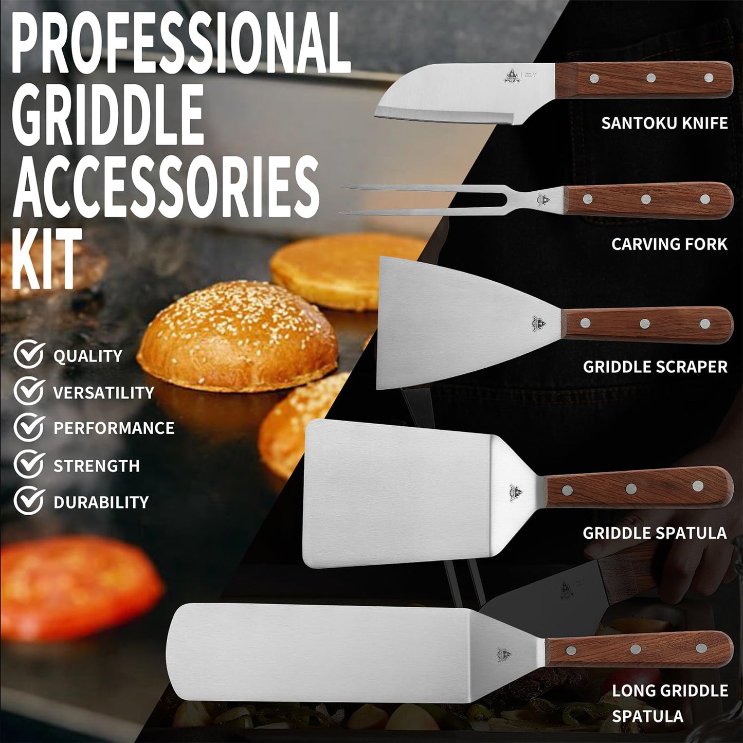 GRILLGEN Griddle Accessories Kit – 6-Piece BBQ Grill Tool Set with Rosewood Handles, Spatulas, Scraper, Santoku Knife, Fork & Storage Bag, Stainless Steel Flat Top Griddle Tools for Outdoor Cooking