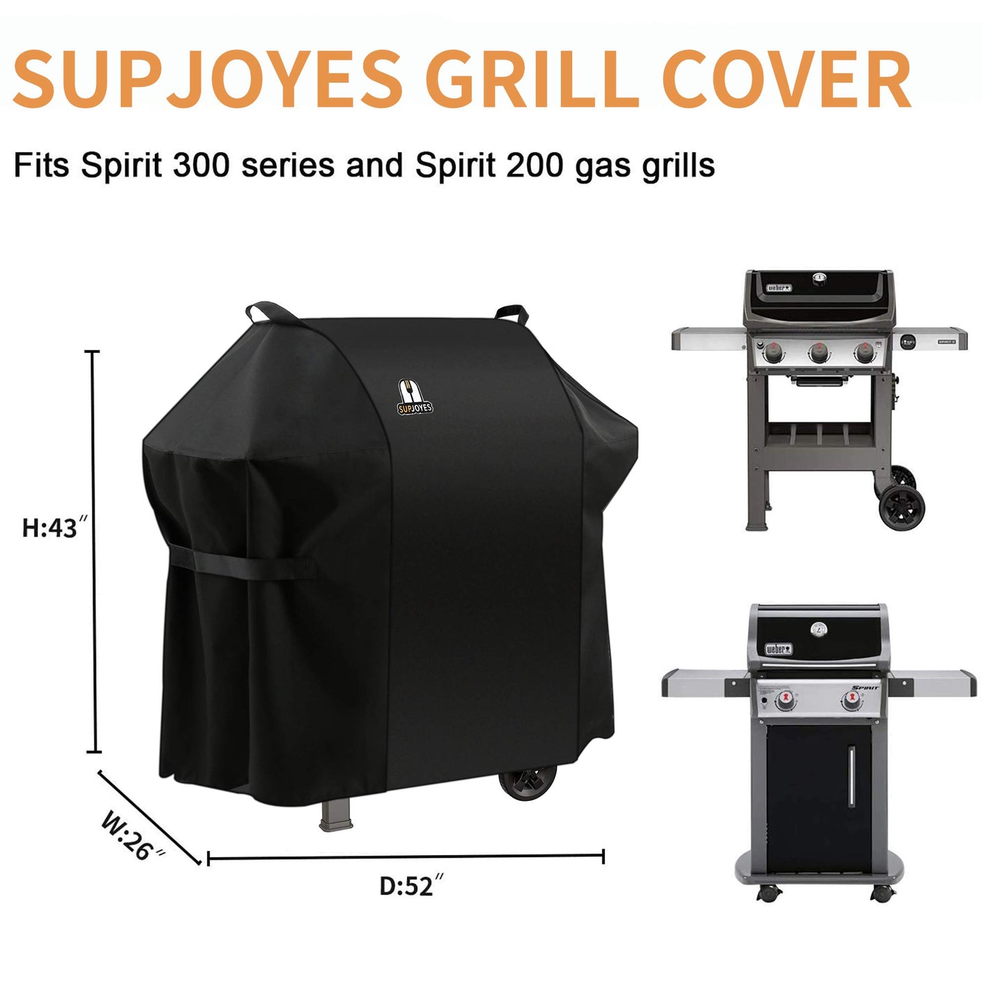 SUPJOYES BBQ Cover for Weber Spirit 200 and 300 Series, 52 Inch BBQ Grill Cover, Heavy Duty Waterproof Grill Covers