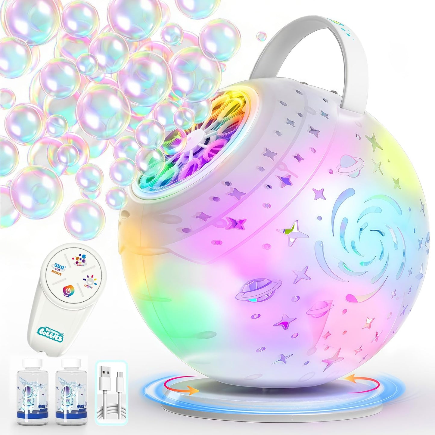 Bubble Machine, Rechargeable Bubble Blower with Remote Control, 10-Hole Bubble Maker for Kids, 7-Color Lights, 90°/360° Rotation, USB-C Charging, Outdoor Toys Gift for Boys Girls Parties, Birthday