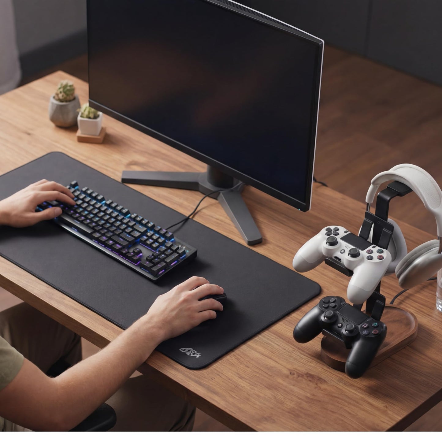 muso wood Gaming Headphones Stand, Walnut & Aluminum Headset Stand for Desktop Organizer, Suitable for PS5, Xbox, Switch, AirPods Max, Minimalist Desk Decor