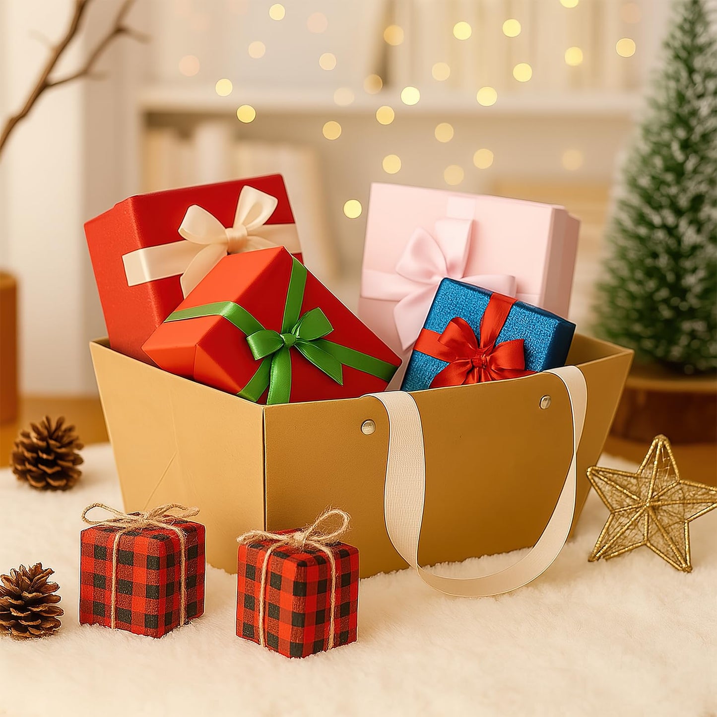 48 Pack Basket for Gifts Empty DIY Bulk Paper Gift Basket with Handles 9.8" x 12.6" x 5.9" Kraft Cardboard Tray for Christmas Graduation Birthday Wedding Party Valentines (Brown)