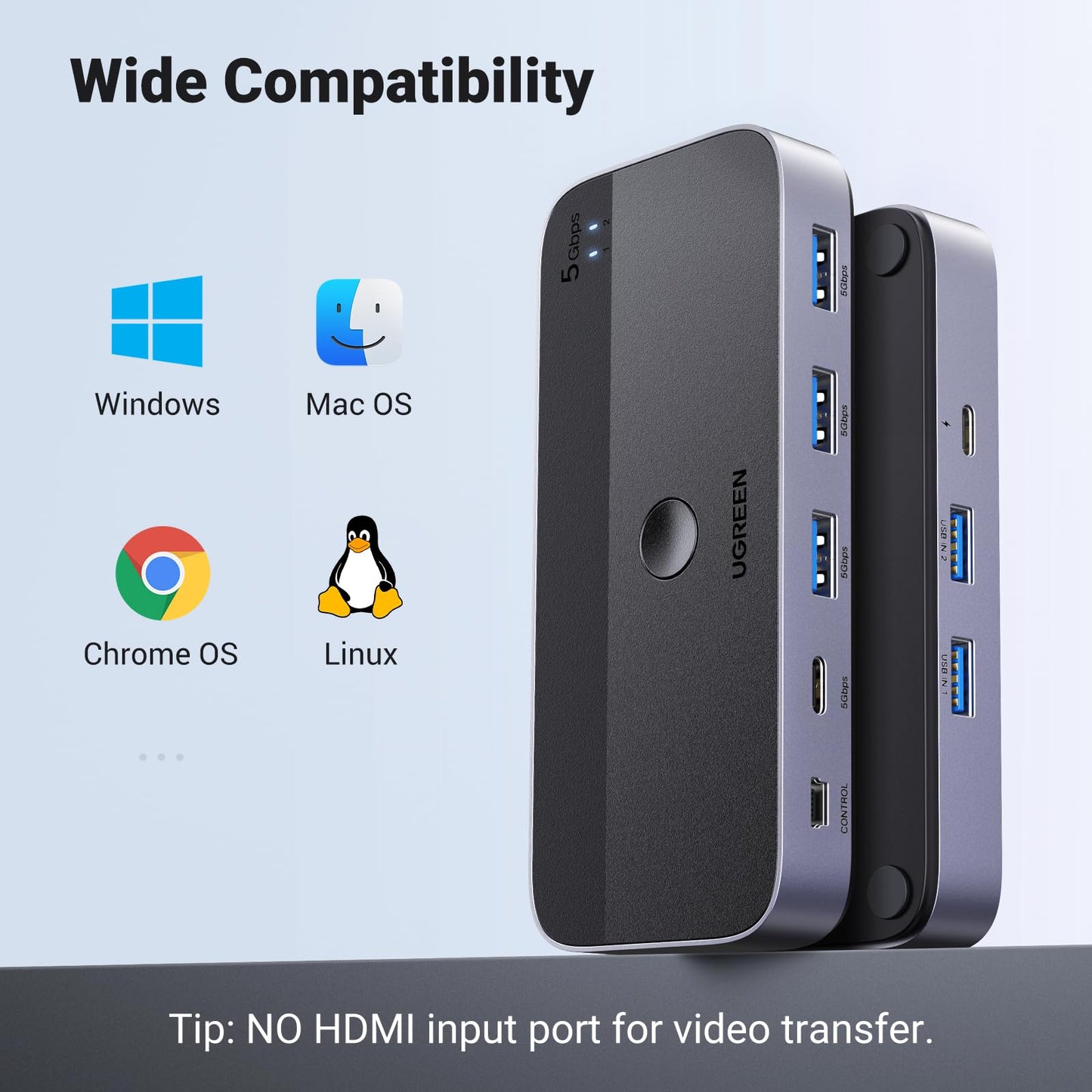 UGREEN USB 3.0 Switch, 2 Computers Sharing USB A and C Peripherals, 4 Port Switcher for Computers Sharing Keyboard Mouse Webcam Microphone Headphone with 2 Pack 3.0 Data Cables and Remote