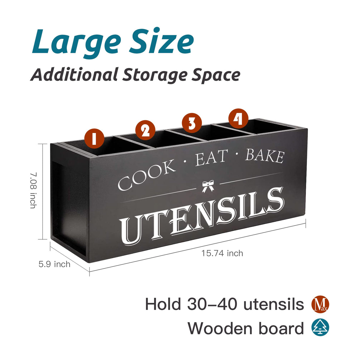 Suli Upgrade Extra Large Kitchen Utensils Holder with 4 Compartments, Wooden Utensil Organizer for Kitchen Countertop, Farmhouse Kitchen Decor, Rustic Cooking Utensil - Black