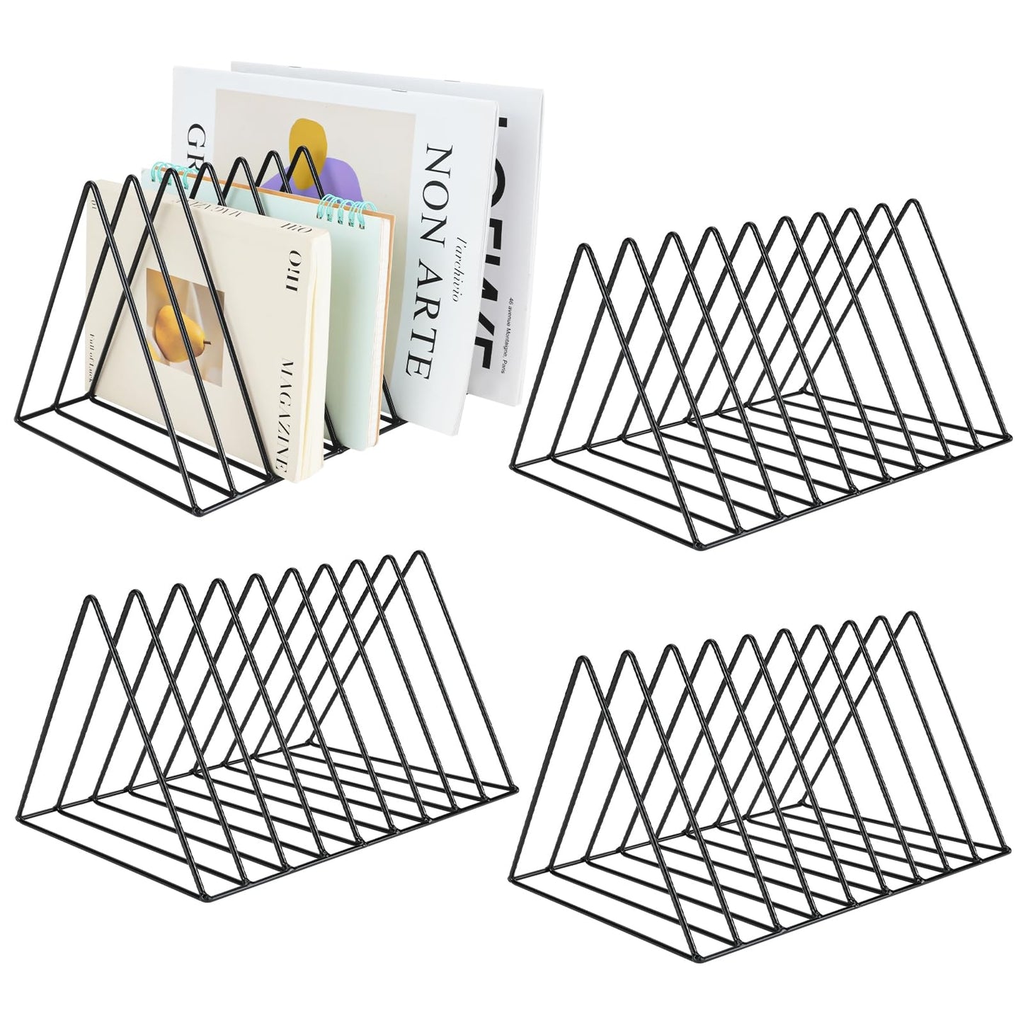 4Pcs Triangle File Holder, FHDUSRYO 9 Slot Black Magazine Holder, Metal Vinyl Record Storage Stand, Desktop File Organizer Magazine Rack, Bookshelf Organizer for Office Home, Letter Book(Black)