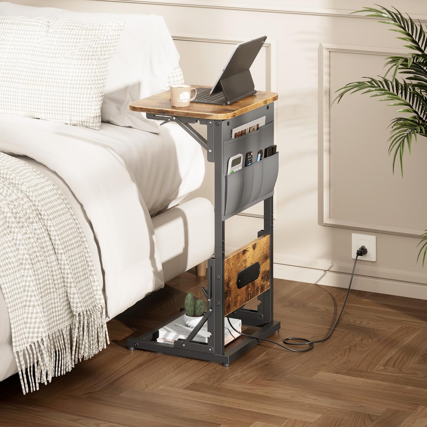 HLDIRECT C Shaped End Table with Charging Station Side Table Living Room with Storage Bag for Couch, C Shaped Side Table with Foldable Function Couch Table for Living Room Bedroom, Brown