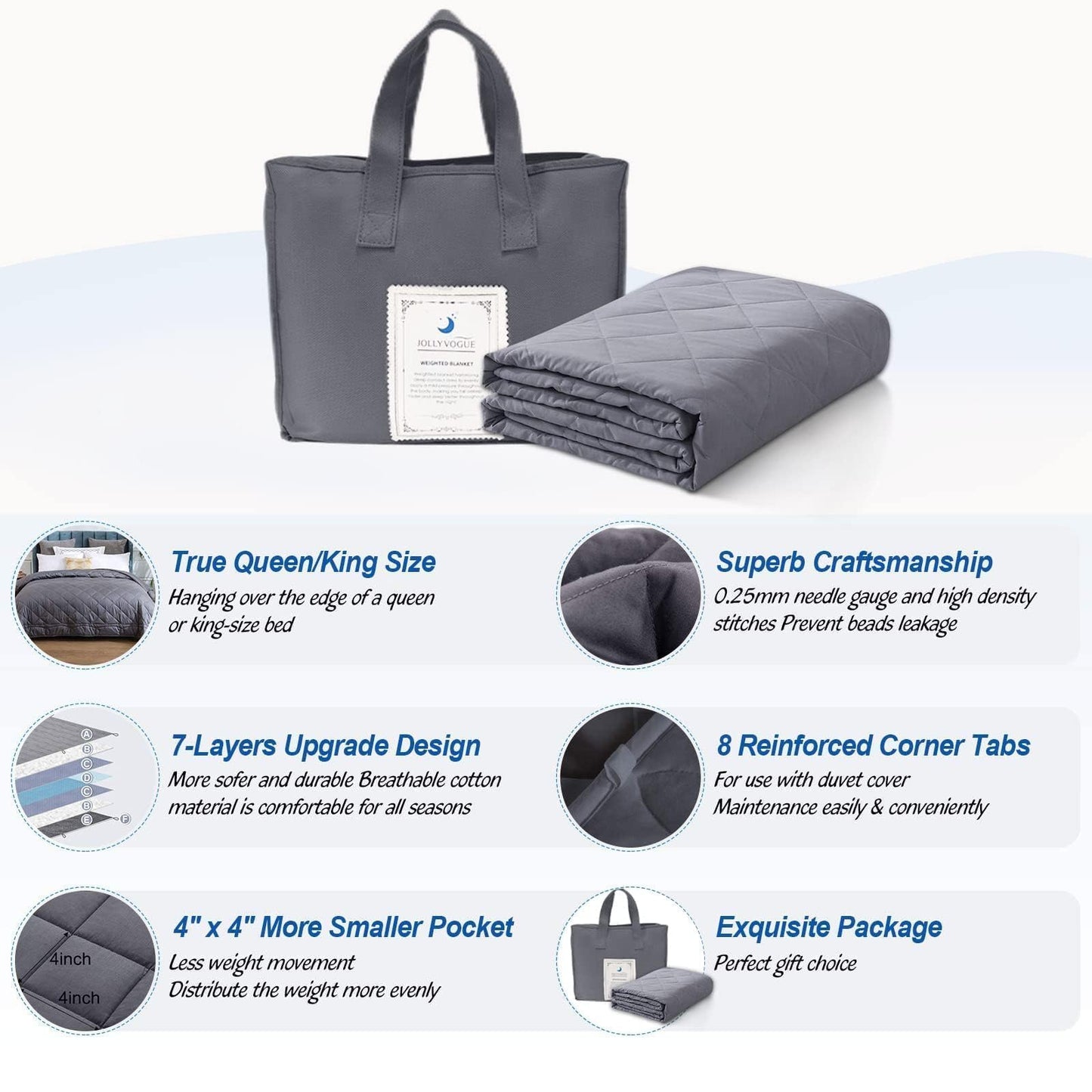 JOLLYVOGUE Weighted Blanket (15lbs, 60''x80''), Heavy Blanket Washable for Adult with Premium Glass Beads-Grey