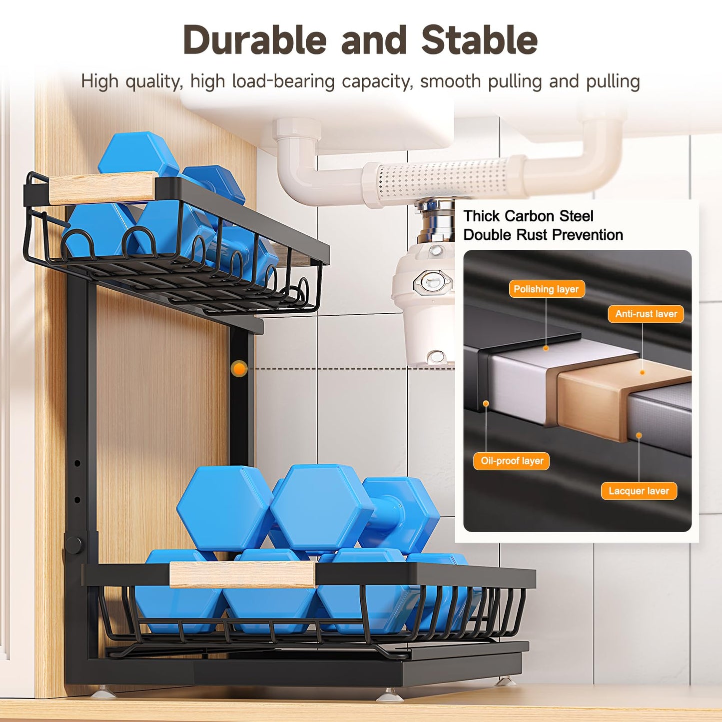 Sevenblue 2 Pack Under Sink Organizer, Height Adjustable 2 Tier Under Sink Organizer Kitchen, Multi-Purpose Storage Shelf for Kitchen Bathroom Cabinet (Black, Large)