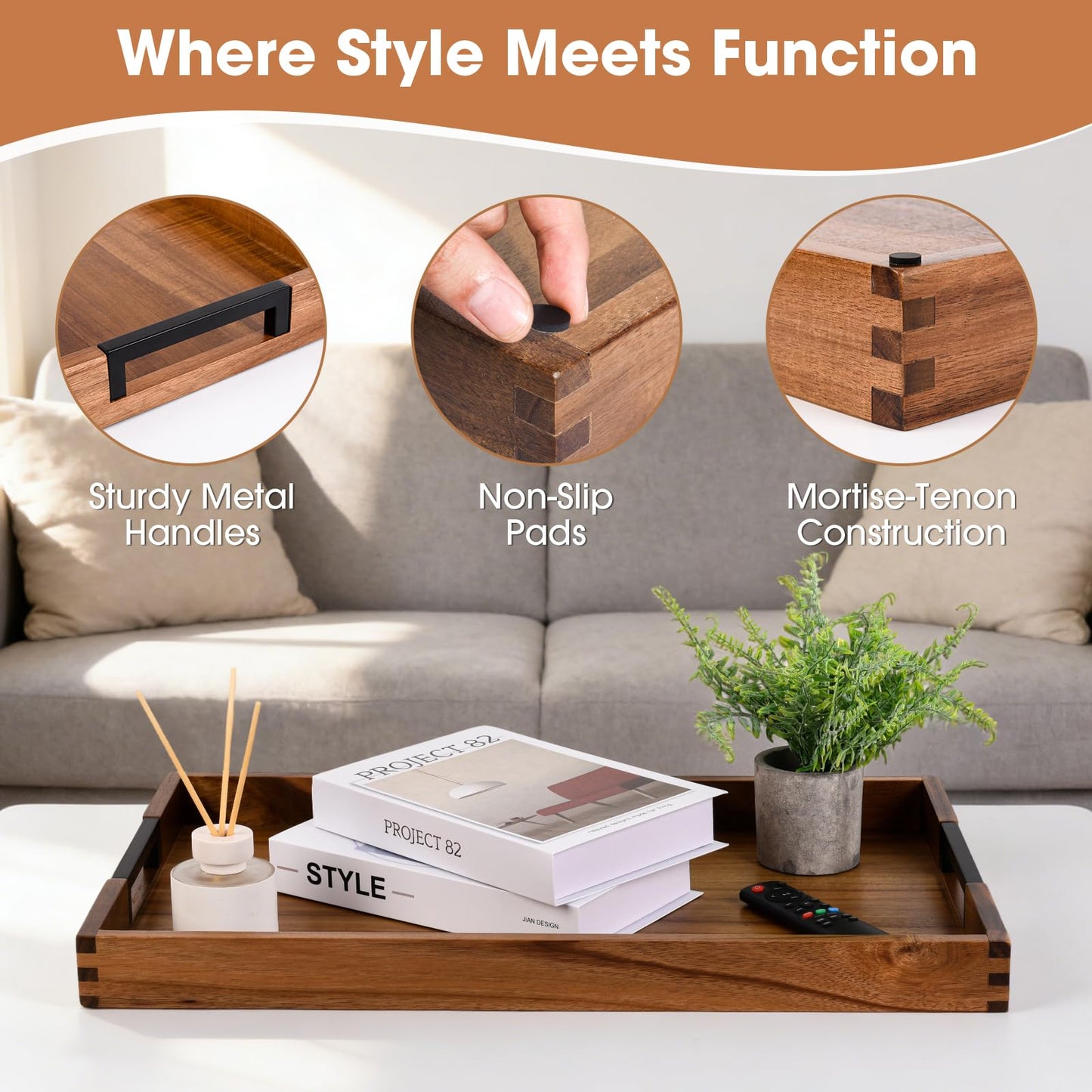 Large Ottoman Tray for Living Room and Coffee Table, Decorative Acacia Wood Serving Tray with Handles for Breakfast in Bed, Dinner Food Kitchen TV (Natural, 61 x 38 x 5 cm)