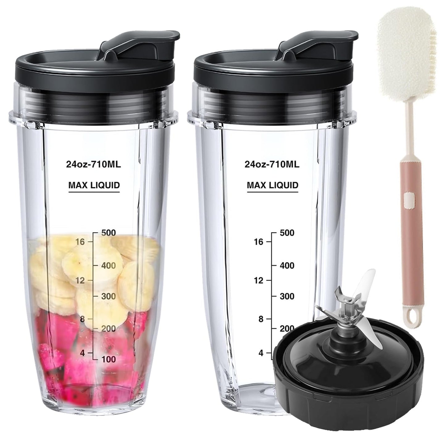 6 Pack Ninja Blender Cups Replacement and Blade, 24oz Ninja Cups for Blender and 7Fins Blade Replacement with Cleaning Brush, Compatible Nutri Ninja Auto iQ BN801 BL480 BL640 BL642 NN100 BL2012