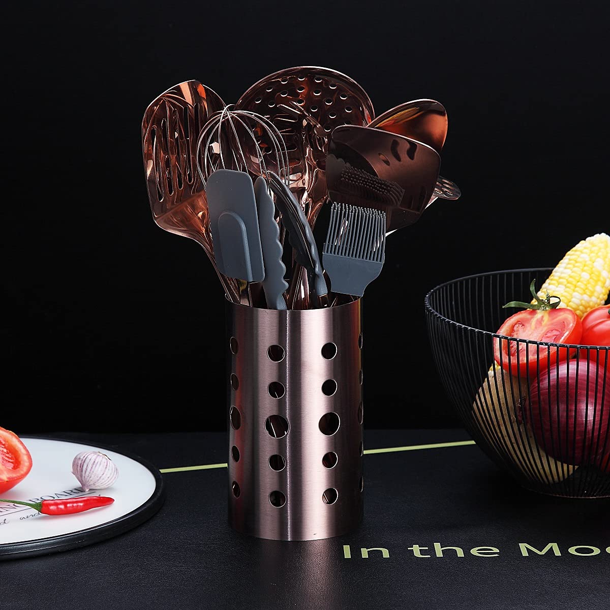 Copper Kitchen Utensils Set,13 Pieces Stainless Steel Cooking Utensils Set with Titanium Rose Gold Plating,Kitchen Tools Set with Utensil Holder for Non-Stick Cookware Dishwasher Safe (13 Packs)