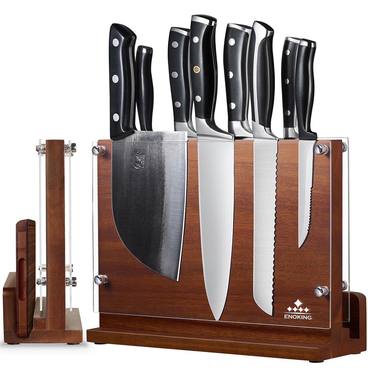 ENOKING Magnetic Knife Block with Acrylic Shield 12 x 9 Inches, Double Side Kitchen Knife Holder Without Knives- Acacia Wood Universal Knife Storage Organizer with Powerful Magnet for Kitchen Counter