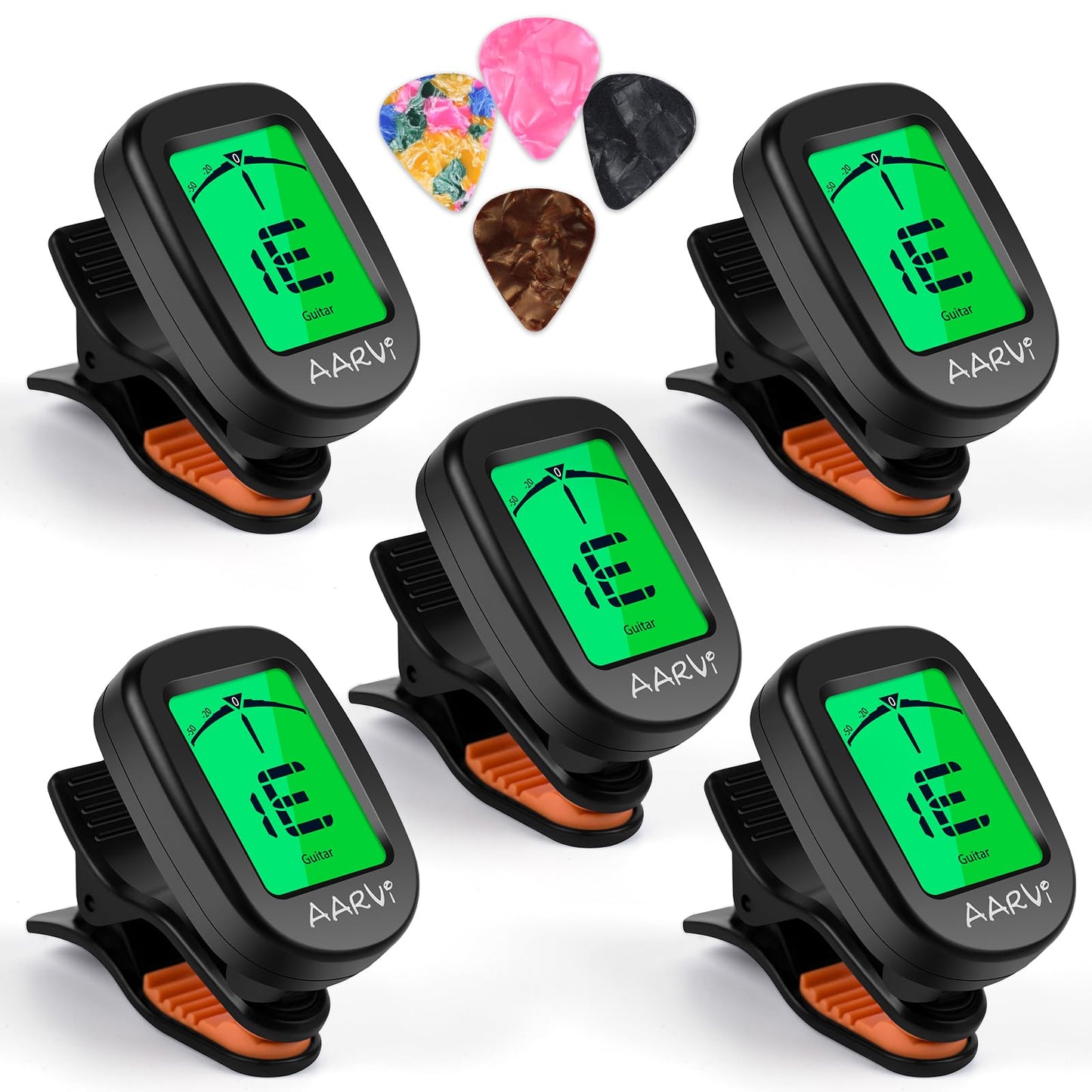 Clip On Guitar Tuner 5 Pack for All Instruments, Acoustic/Electric Guitar, Ukulele, Bass, Violin, Banjo, Large Clear LCD Display for Guitar Tuner, Chromatic Tuner, 20 Pack Guitar Picks Included