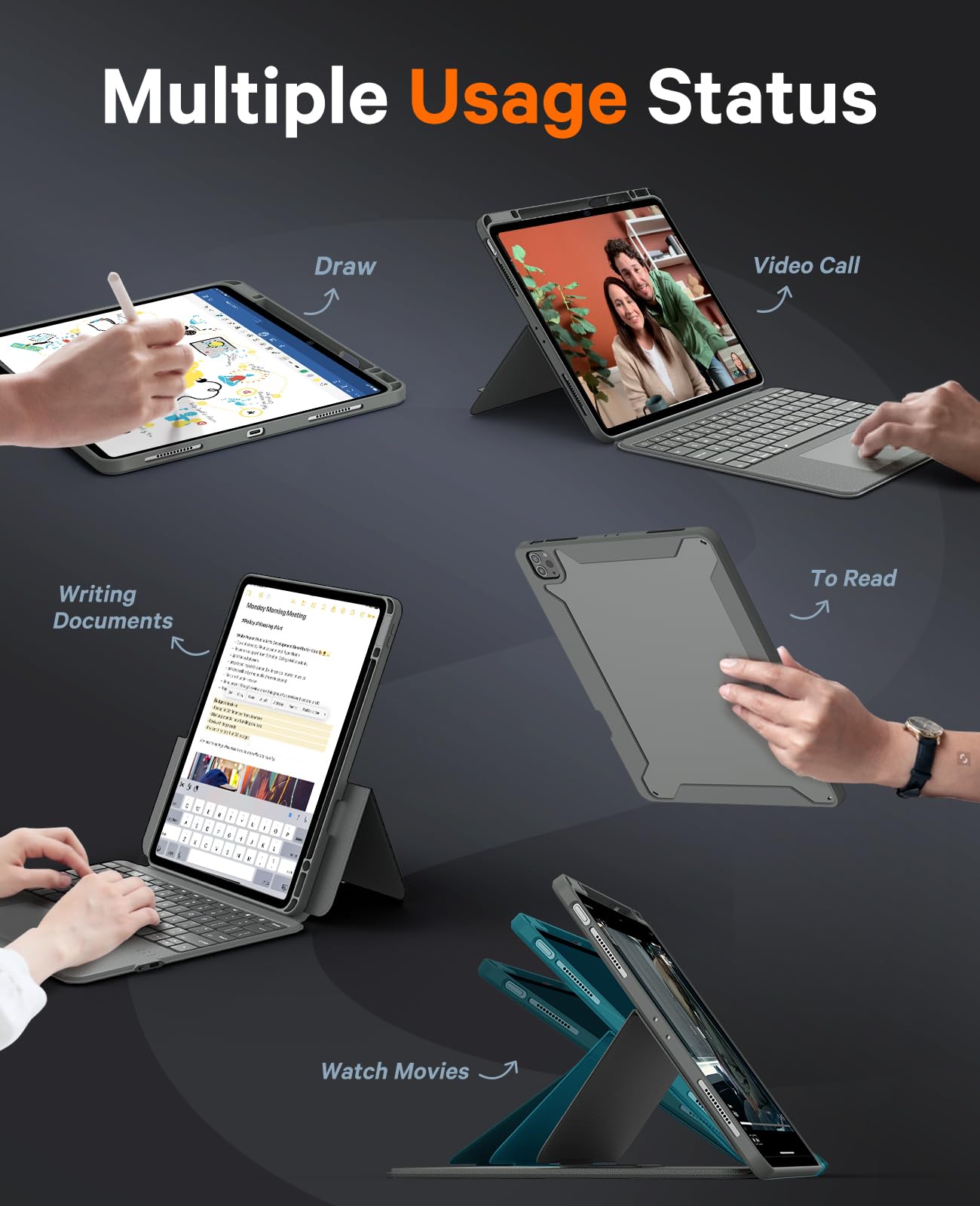 CHESONA for iPad Air 13 Inch (M3/2025, M2/2024) & iPad Pro 12.9 Case with Keyboard, Portrait/Landscape, Rugged Magnetic Detachable Case with 7-Color Backlit, Smart Trackpad, 15°-180° Adjustable, Gray