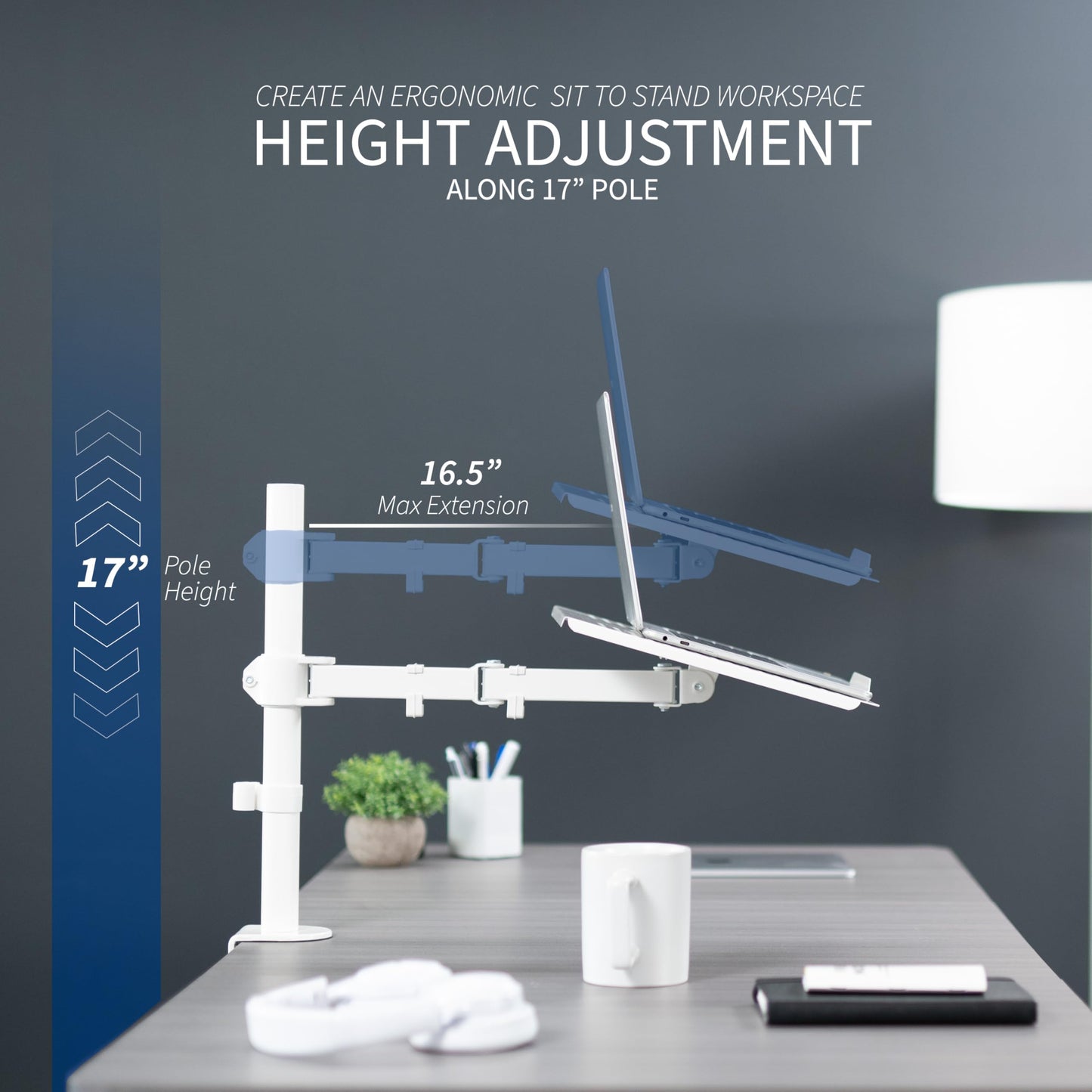 VIVO Single Laptop Notebook Desk Mount Stand, Fully Adjustable Extension with C-clamp, Fits up to 17 inch Laptops, White, STAND-V001LW