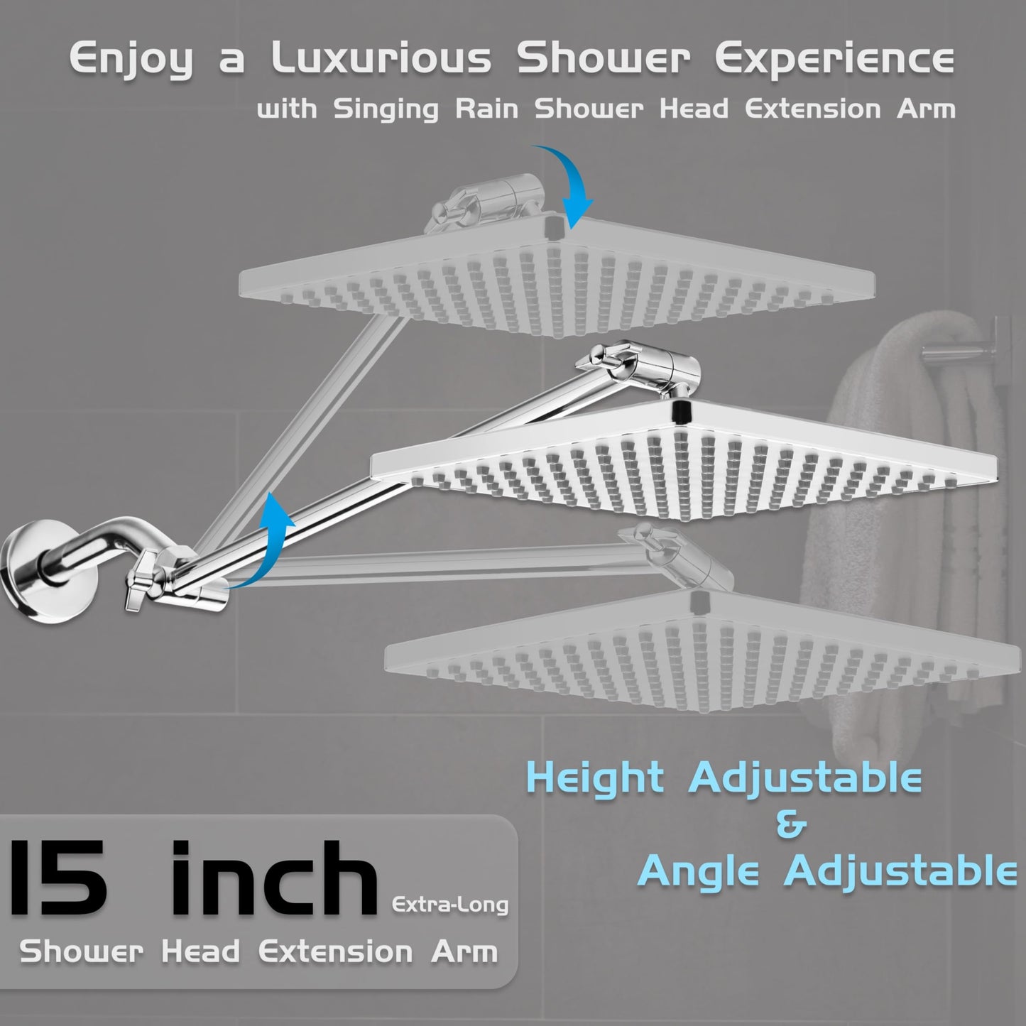 Rain Shower Head, 8'' High Pressure Rainfall Square Showerhead with 15'' Shower Head Extension Arm, 304 Stainless Steel Adjustable Shower Arm Extender, Rainfall Waterfall Fixed Showerheads, Chrome
