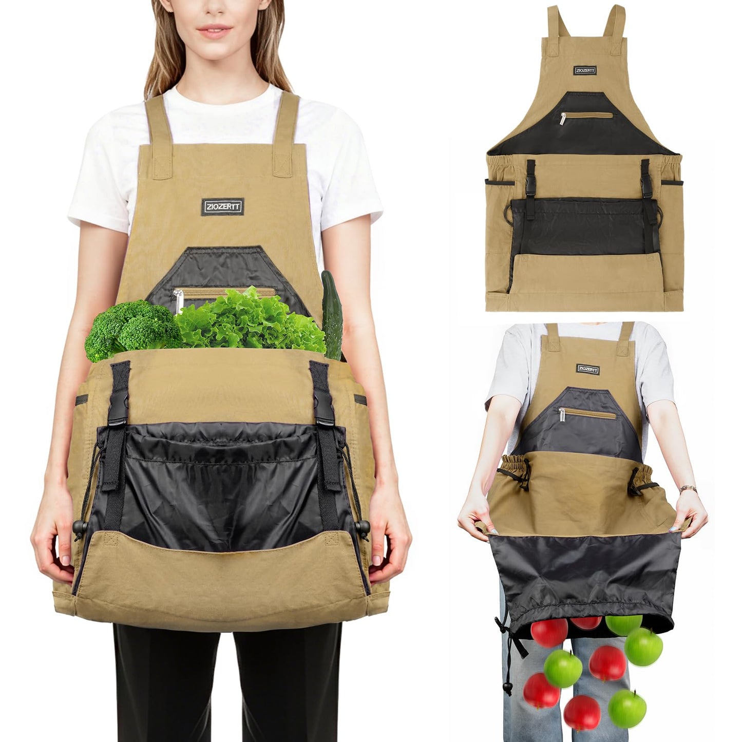 Garden Apron,Harvest Apron with Drawstring Bag and Pockets for Women and Men,Canvas Gardening Tool Belt, Gardening Gifts for Mom,Dad,Brown