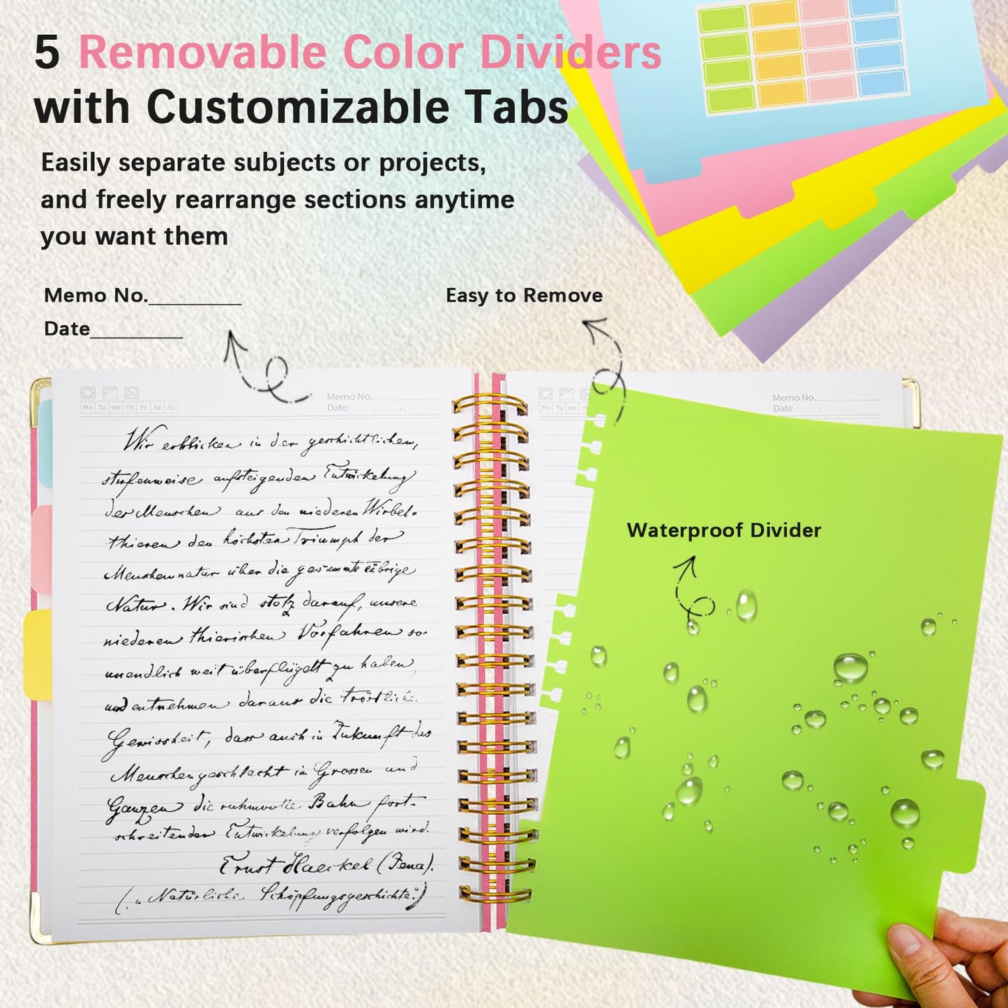 Hardcover Spiral Notebook with Removable Dividers & Tabs, 8"x10" 5 Subject Notebooks for Work, 300 Pages College Ruled Notebook, Sparkle Lined Journal for Women Girls Students Note-Taking