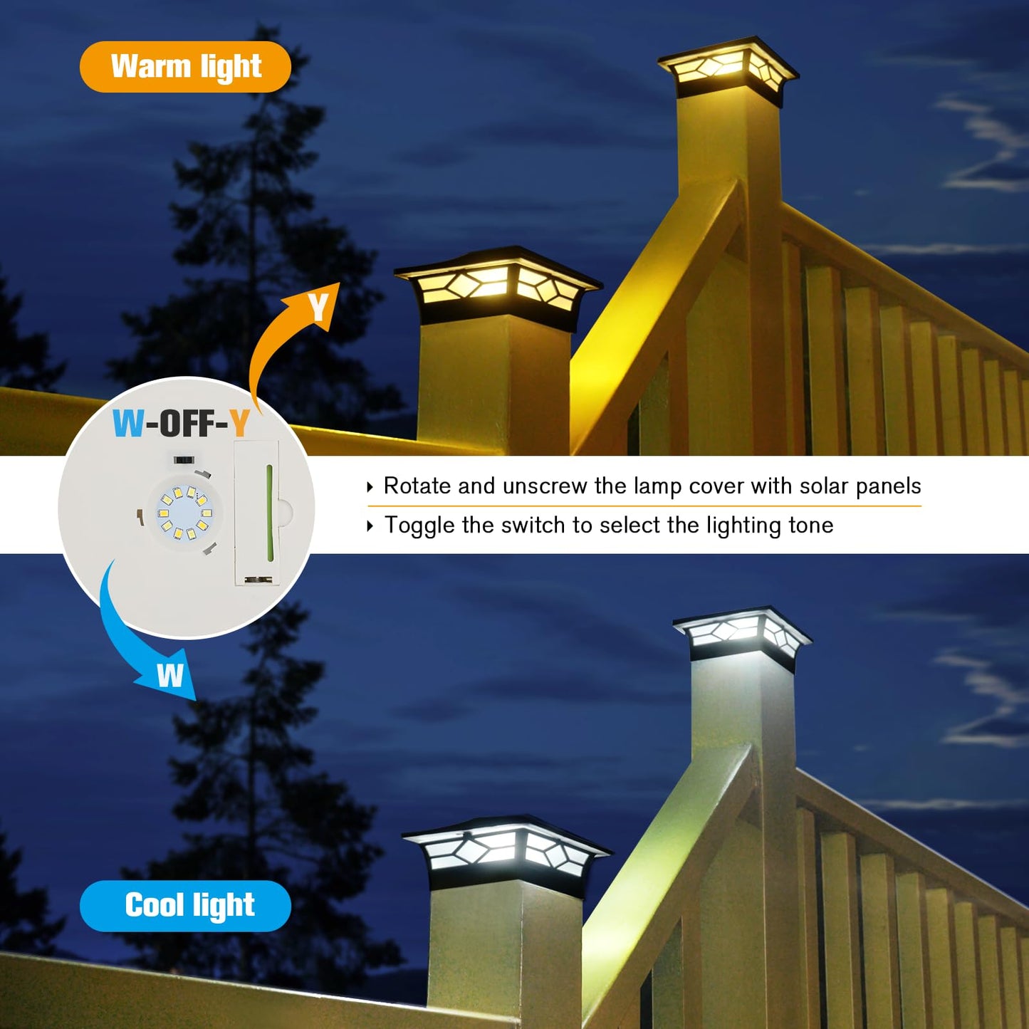 JOFIOS Solar Post Cap Lights Outdoor 6pack, Waterproof Solar Powered Deck Fence Post Lights for 4x4 Wood/Vinyl Posts, Solar Outdoor LED Light with Cool/Warm Lighting Decorate Garden Patio Porch…