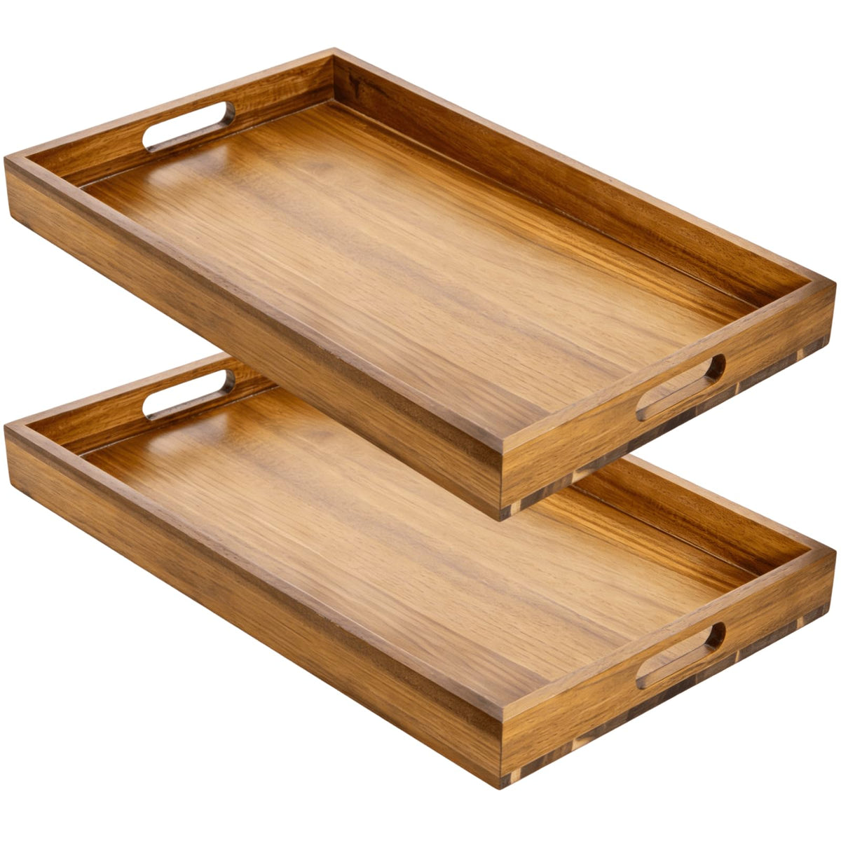 YOUEON 2 Pack 44x30cm Acacia Wood Serving Tray with Handles, Large Wooden Tray for Ottoman, Breakfast in Bed, Dinner, Coffee Table, Perfect for Living Room, Bedroom