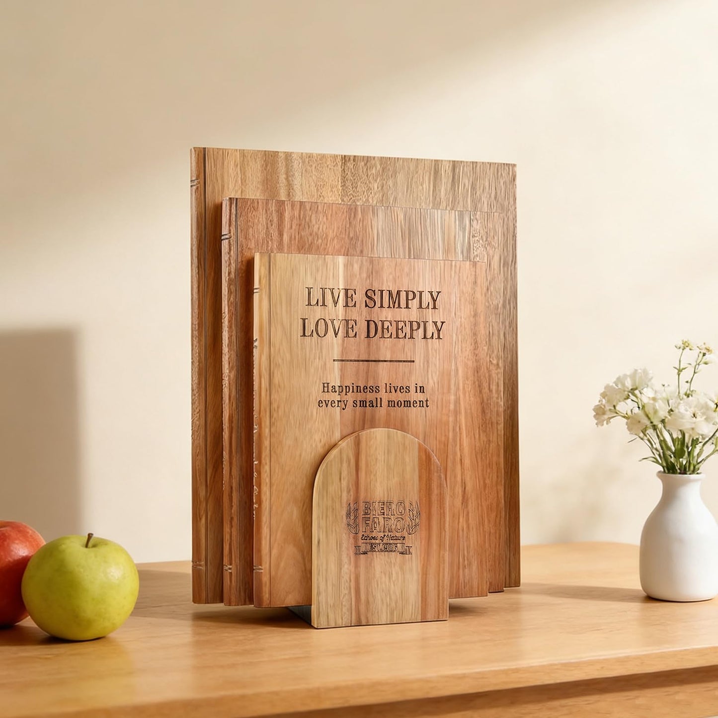 Book Cutting Board Set of 3 with Stand - Bierofaro Acacia Wood Chopping Boards for Kitchen, Decorative Book-Shaped Wooden Board for Cheese, Bread, Meat & Serving - Housewarming Gift
