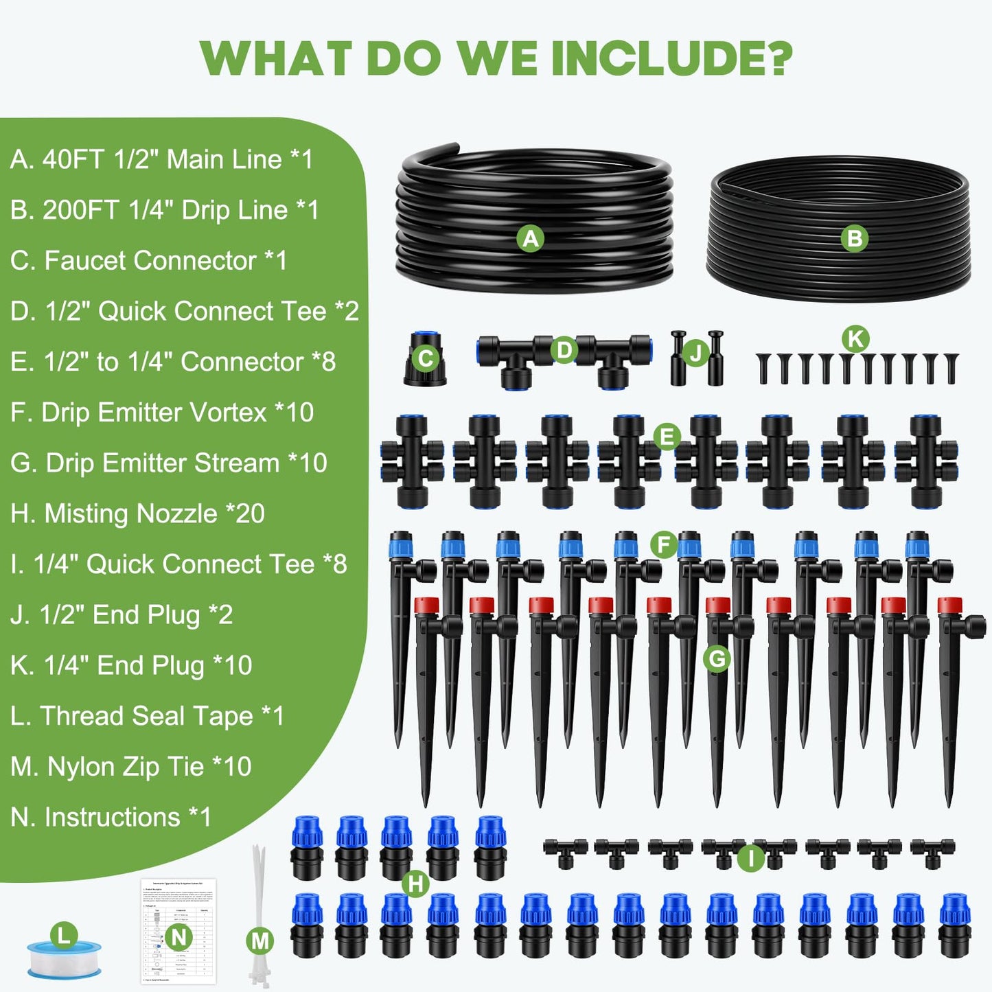 Snowtaros 240FT Quick-Connect Drip Irrigation System, Automatic Garden Watering System Kit with 1/2" & 1/4" Fast-Lock Fittings, Adjustable Sprinklers for Raised Beds, Garden, Greenhouse, Lawn