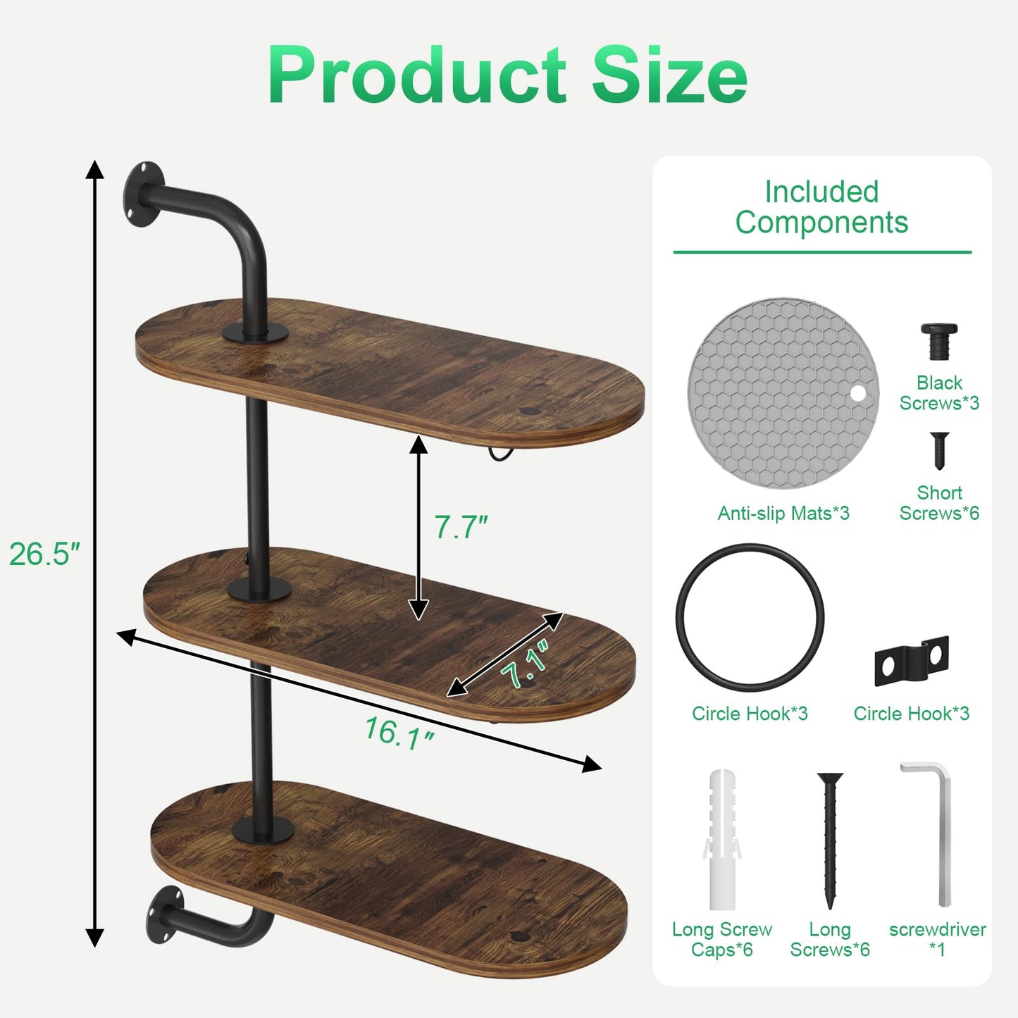 VyGrow Rotating Window Plant Shelves with 3 Anti-slip Mats, 3 Tier Plant Stand Indoor Outdoor, Wooden Window Plant Shelf with 3 Circle Hooks, Hanging Plant Holder for Window, Potted Plants, Flowerpots (Antique Color)