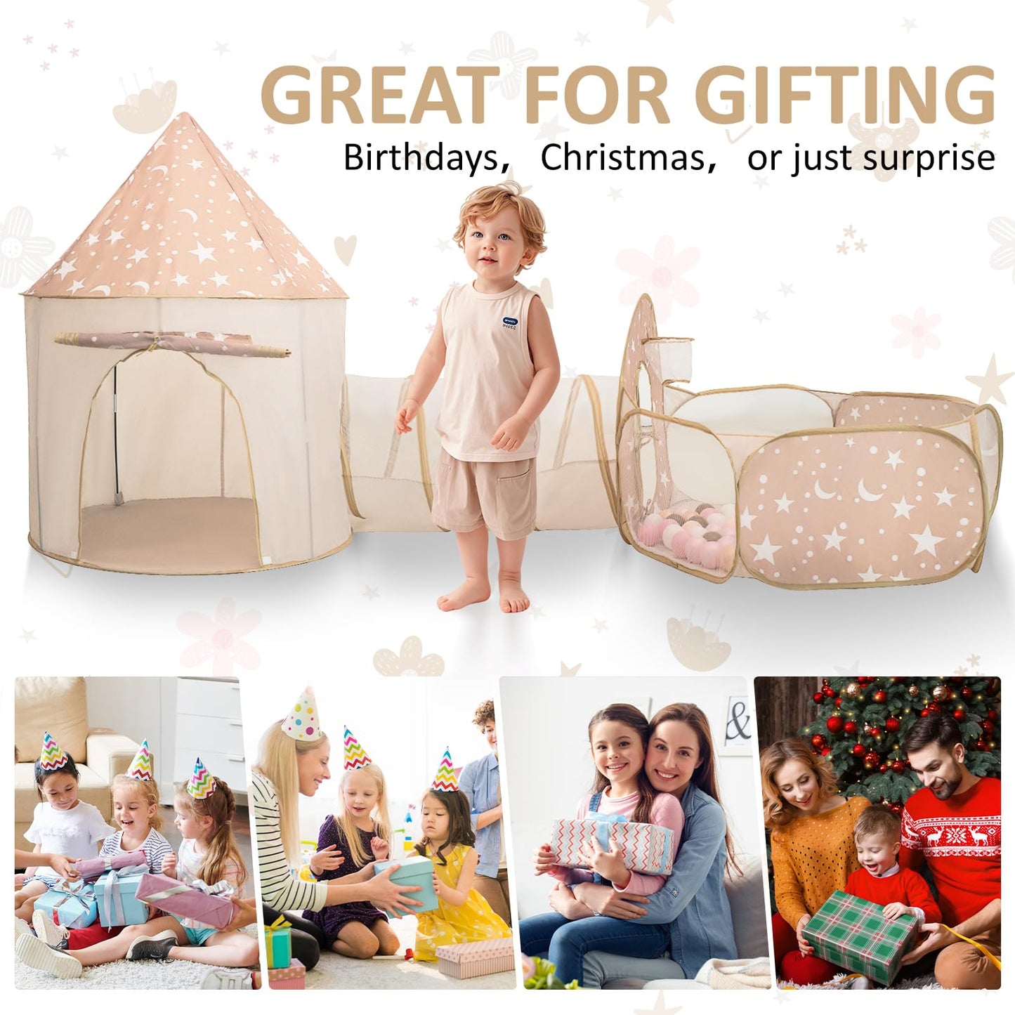 3 in 1 Kids Play Tent with Tunnel, Pop Up Play Tent with Ball Pits for Toddlers and Playhouse Kids Indoor & Outdoor, Perfect Kid’s Gifts