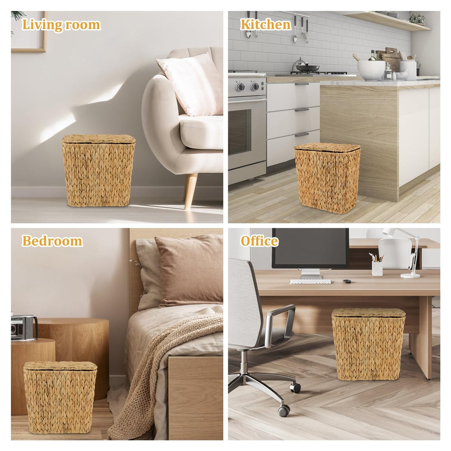 ZUNKNOD Wicker Trash Can with Lid and Liner, Handwoven Wicker Waste Basket, Water Hyacinth Bathroom Trash Can, Boho Rattan Garbage Wastebasket for Bedroom Home Living Room Office Kitchen, 2.5 Gallon