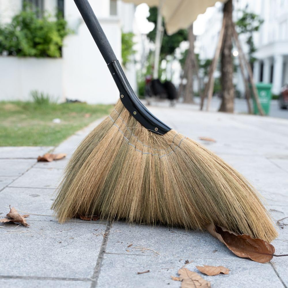 TTS For Home - Vietnamese Straw Soft Broom - Indoor Grass Broom - Sweeping Hand with Black Long Handle Broomstick for House, Garage, Office, Lobby Room, Kitchen with 37.98 in Length