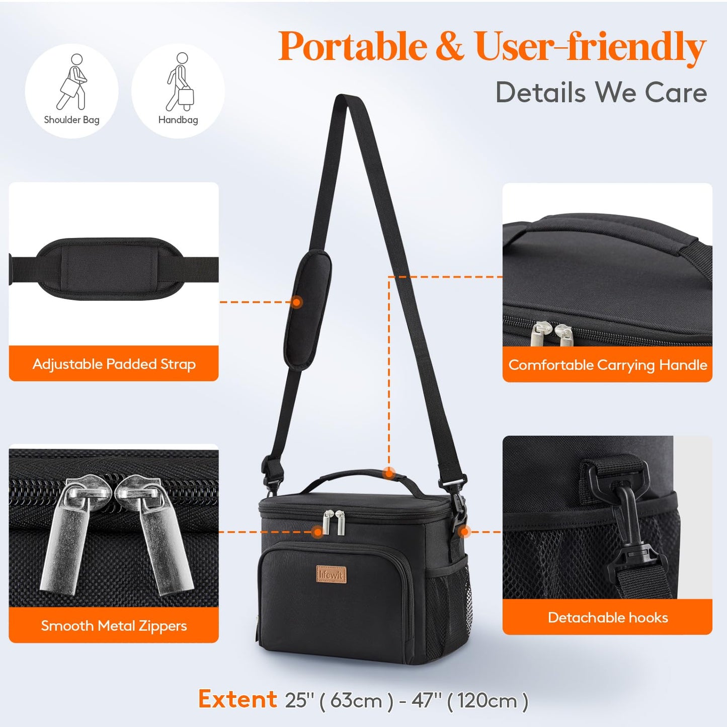 Lifewit Insulated Lunch Bag for Men, Reusable Lunch Box Women, Portable Cooler Freezable Soft Tote Bag Leakproof with Adjustable Shoulder Strap for Adult/Kid for Work/Picnic/School,Black 15L