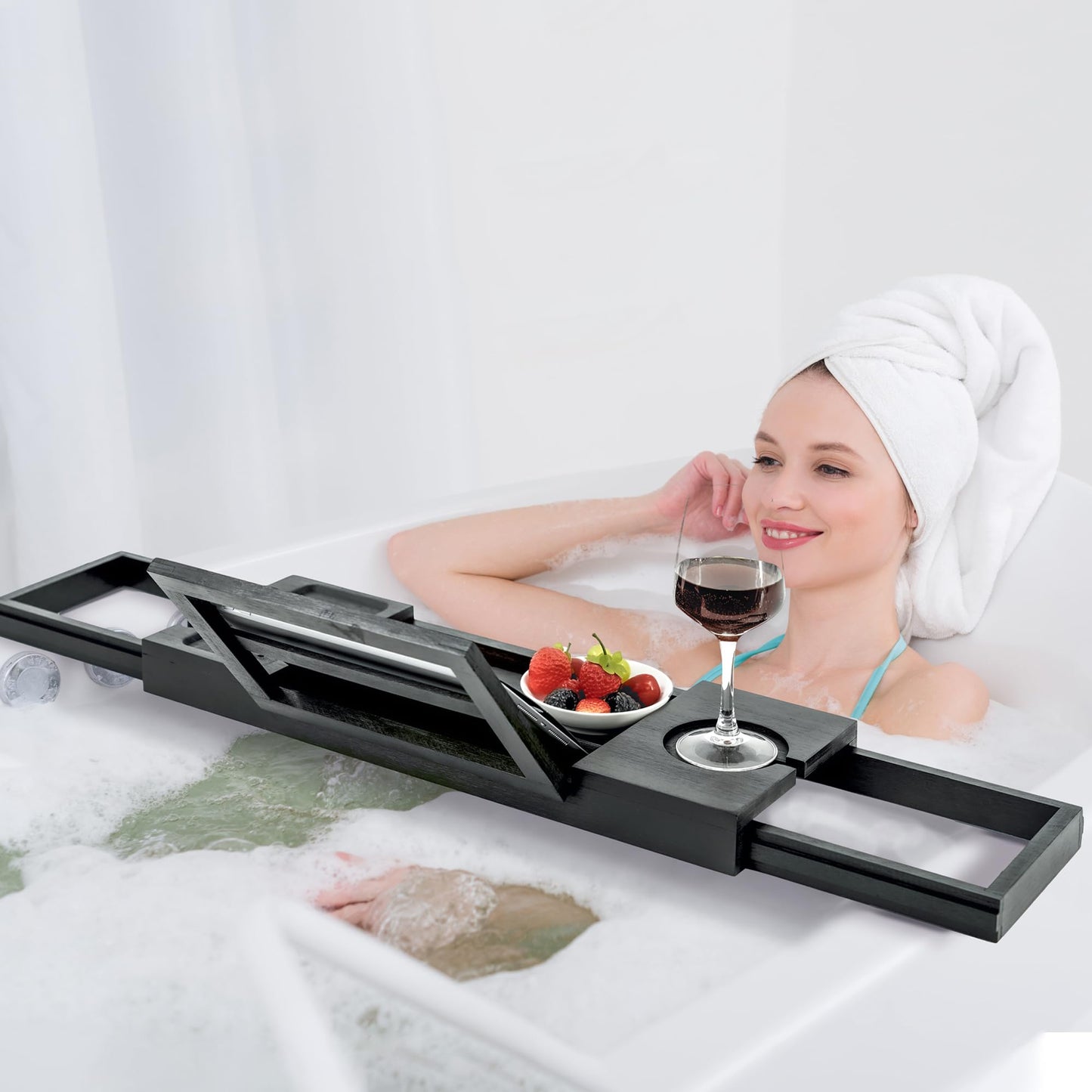 Utoplike Black Bathtub Trays, Bamboo Bath Trays for Bathtub, Expandable Bathtub Caddy Tray, Bath Tub Table Shelf with Adjustable Arms, Bathroom Trays for Books/Tablets/Cell Phone/Towels/Foods