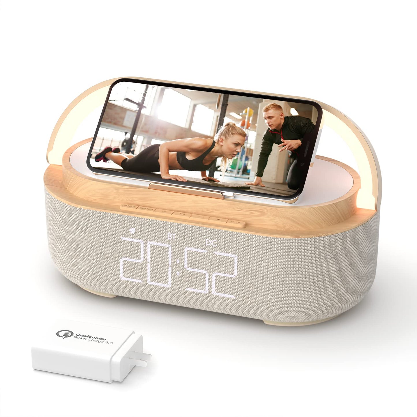 COLSUR 【2026 Newest】 Bluetooth Speaker with Digital Alarm Clock, Wireless Charger, FM Clock Radio, Adjustable LED Night Light, Dual Wireless Speakers,2500mAh Battery for Bedroom,Home, Adaptor (Wooden)