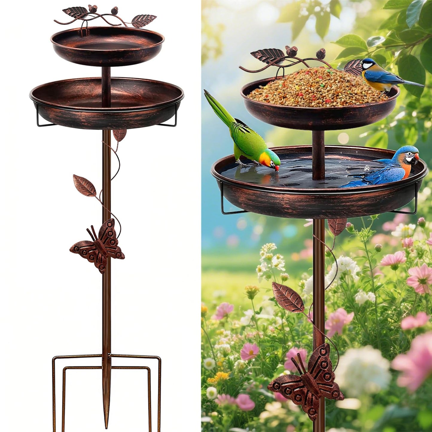 emopaw Outdoor Bird Bath with Metal Base, 41 inch Height, Freestanding Garden Decor, Large Capacity Bowl, 5-Prong Stake (41inch, 2-Tier, Butterfly)