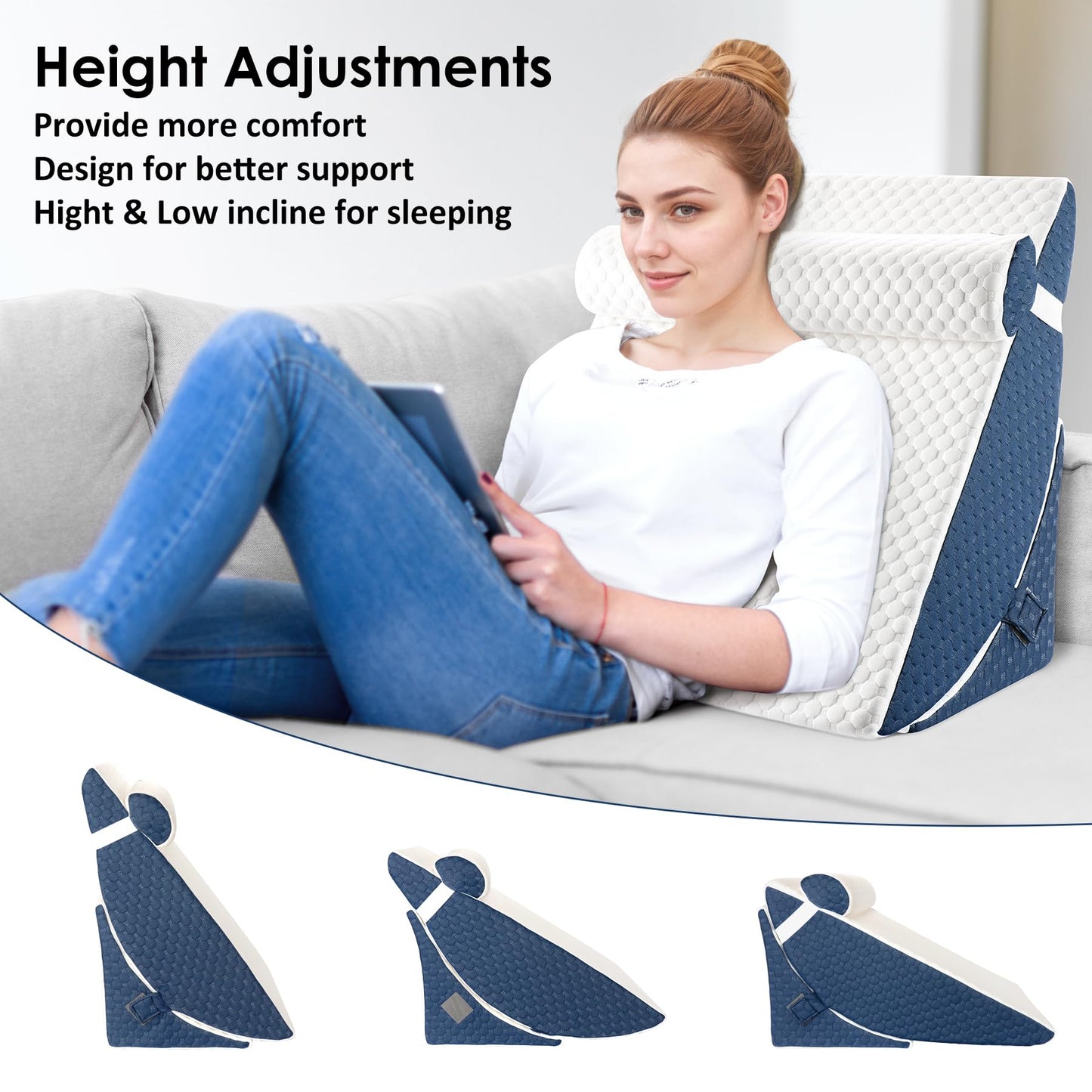 Bed Wedge Pillow for Sleeping, Adjustable 7 &12 Inch Foam Wedge Pillow for Post Surgery, Elevated Triangle Pillow for Acid Reflux, Back Pain Relief, Leg Support，3pack