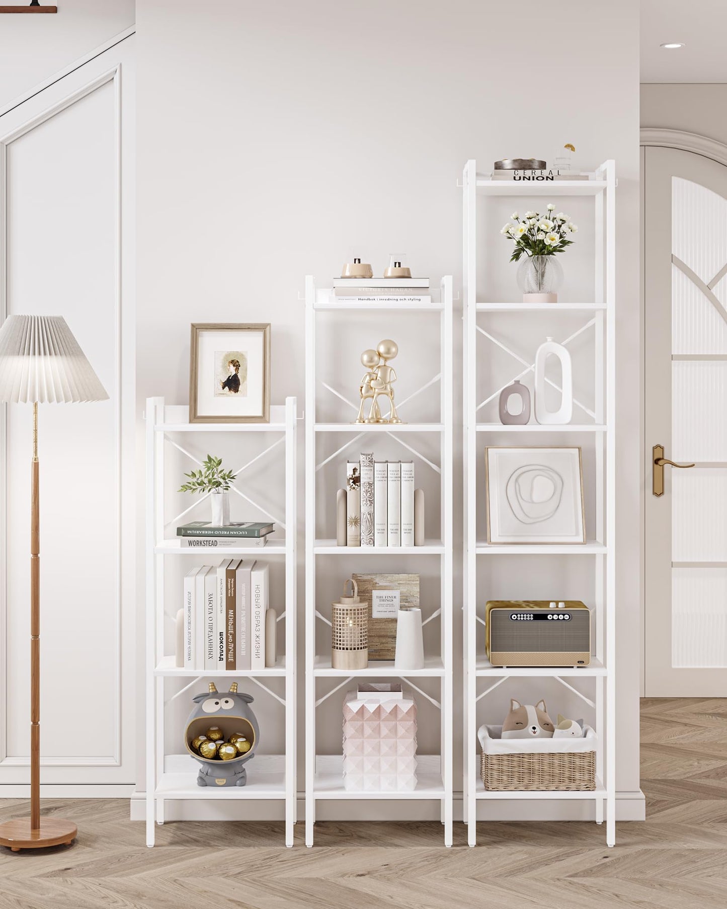 Hzuaneri Bookshelf, Book Shelf, Industrial Bookcase with 2 Hooks, Coner Shelf Storage Organizer for Home Office, Living Room, Bedroom, Kitchen, 6-Tier White BC10713W