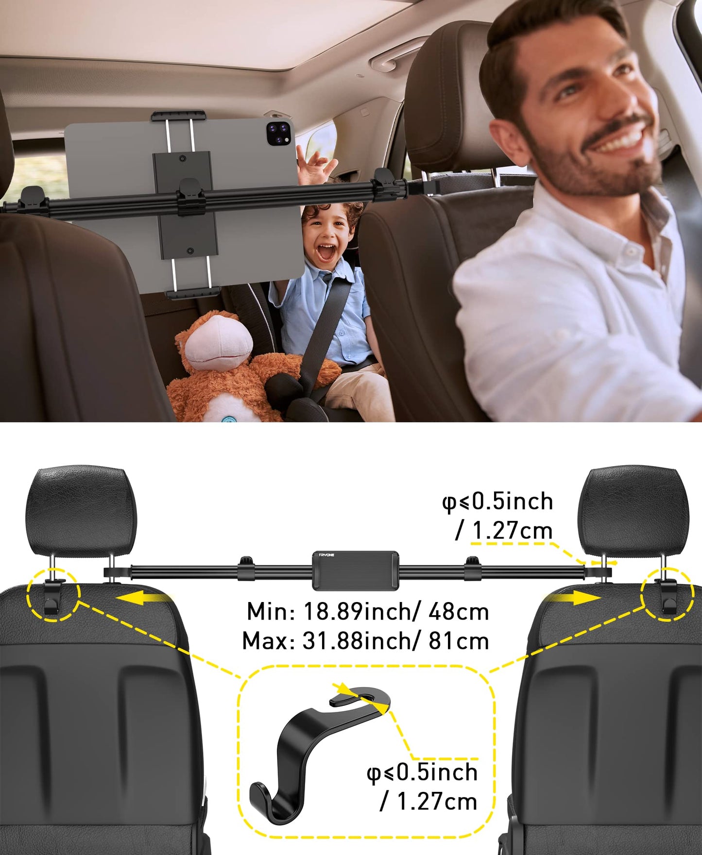 Car Tablet Holder Mount for iPad: Tryone Headrest Tablet Stand for Car Back Seat Compatible with iPad Pro Air Mini | Galaxy Tab | Kindle Fire HD | Switch OLED or Other 4.7-16.1" Devices