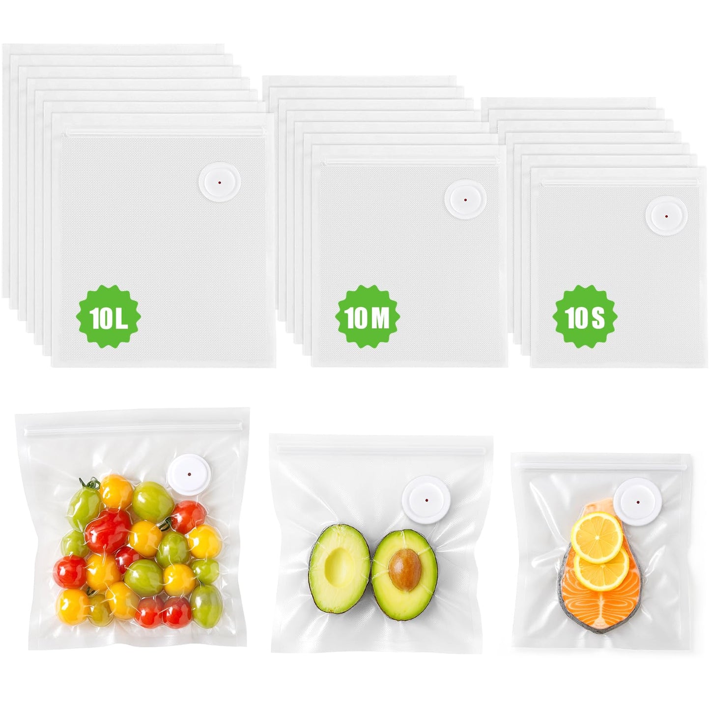 BoxLegend 30 Reusable Vacuum Sealer Bags with Air Valve - BPA-Free Food Saver Vacuum Sealer Bags for Sous Vide, Meal Prep, Food Storage Bags (10S+10M+10L)