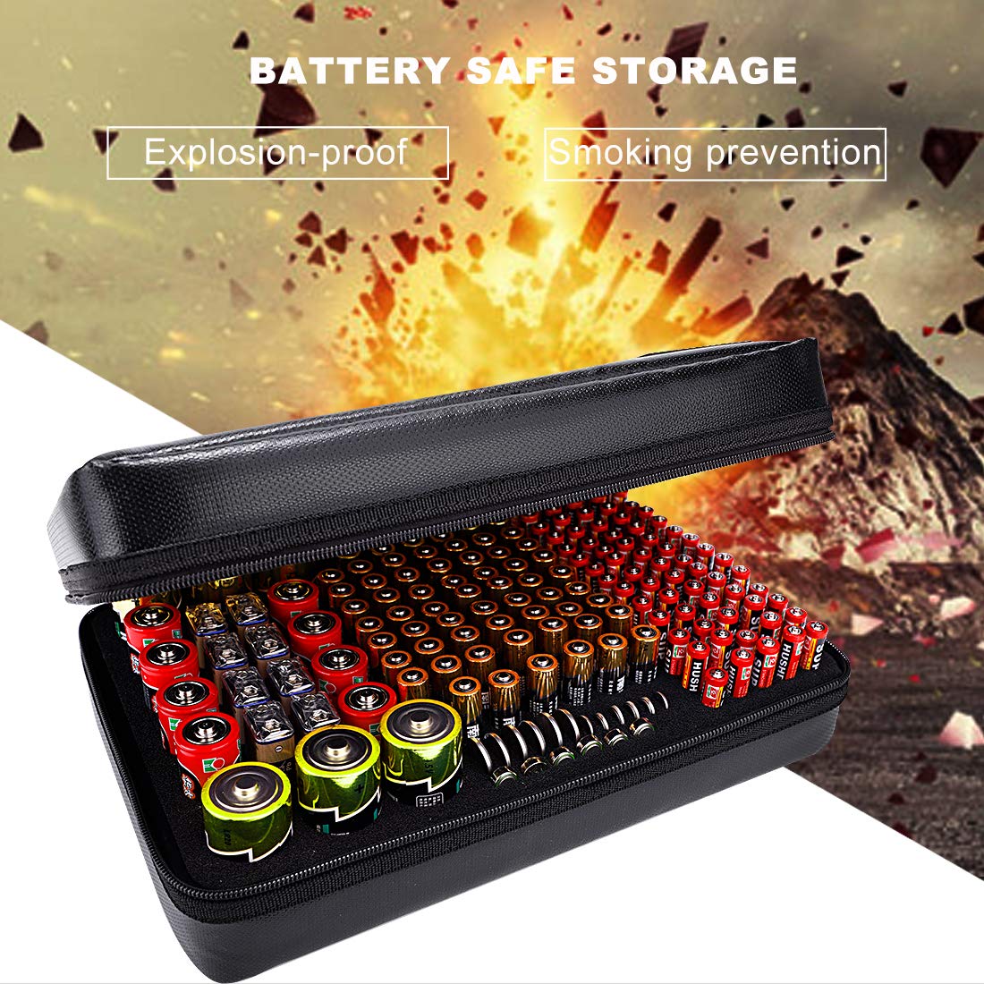 DocSafe Fireproof Battery Organizer Storage Box, Holds 200+ Batteries AA AAA C D 9V, with Battery Tester BT-168