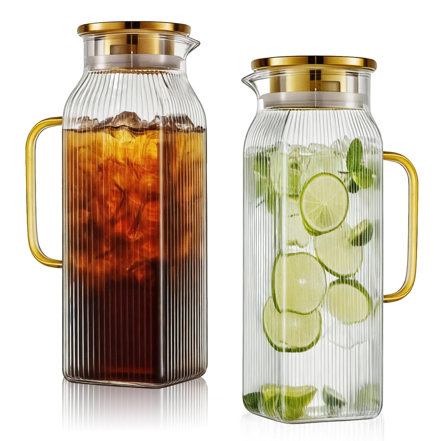 2 Pack 2 Liters/68 oz Square Glass Pitcher with Lid and Handle, Water Pitchers with Handle for Fridge, Borosilicate Glass Carafe with vertical stripe design for Hot/Cold Drink.