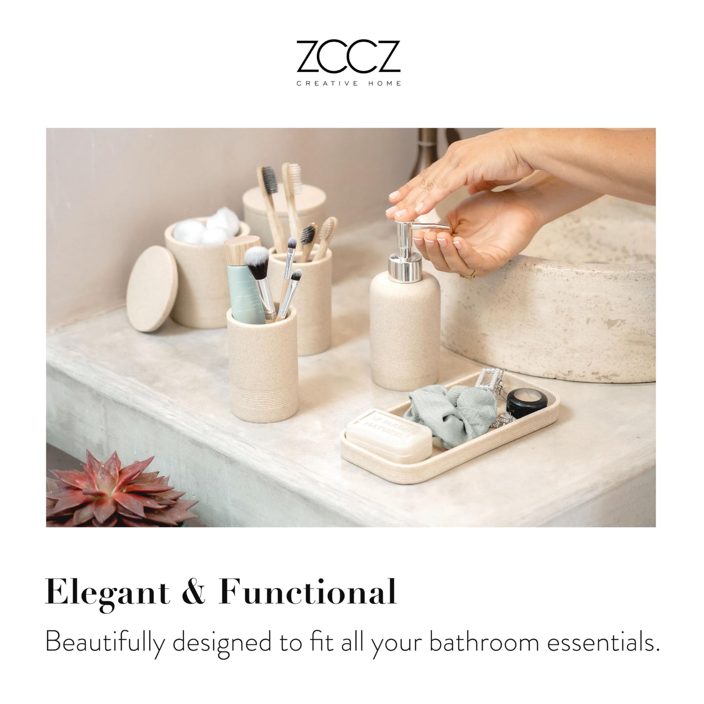 zccz Beige Bathroom Accessory Set 6 Pcs - Soap Dispenser, 2 Qtip Holder Dispenser, Toothbrush Holder, Vanity Tray, Bathroom Tumbler - Decorative Countertop Vanity Organizer - Accessoire Salle De Bain