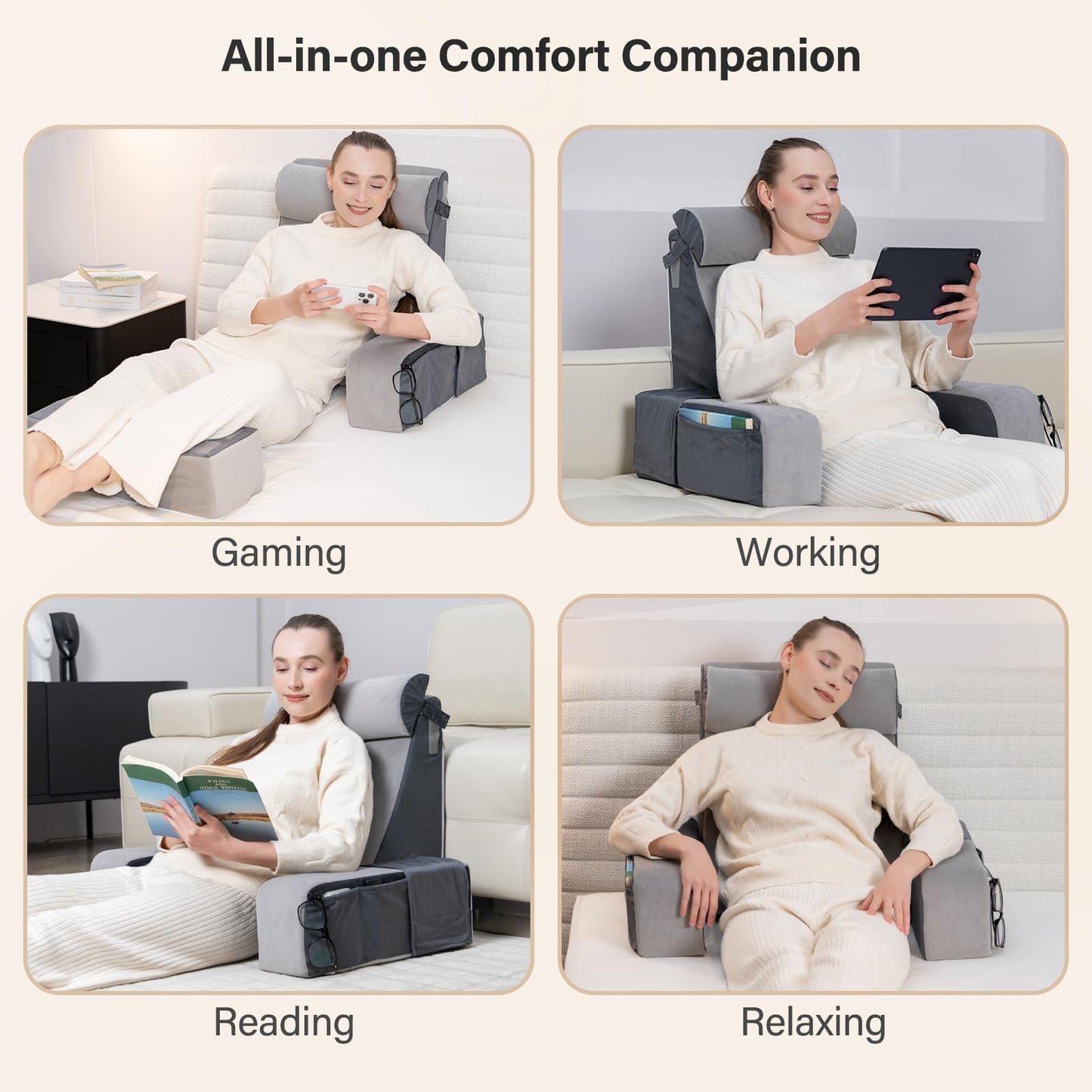 Vekkia 21" Reading Pillow with Adjustable Arms & Headrest – Zoned Foam Support, XL Side Pockets, Removable Cover, Back Support Chair for Reading, Gaming, TV, Post-Surgery Recovery in Bed or Floor