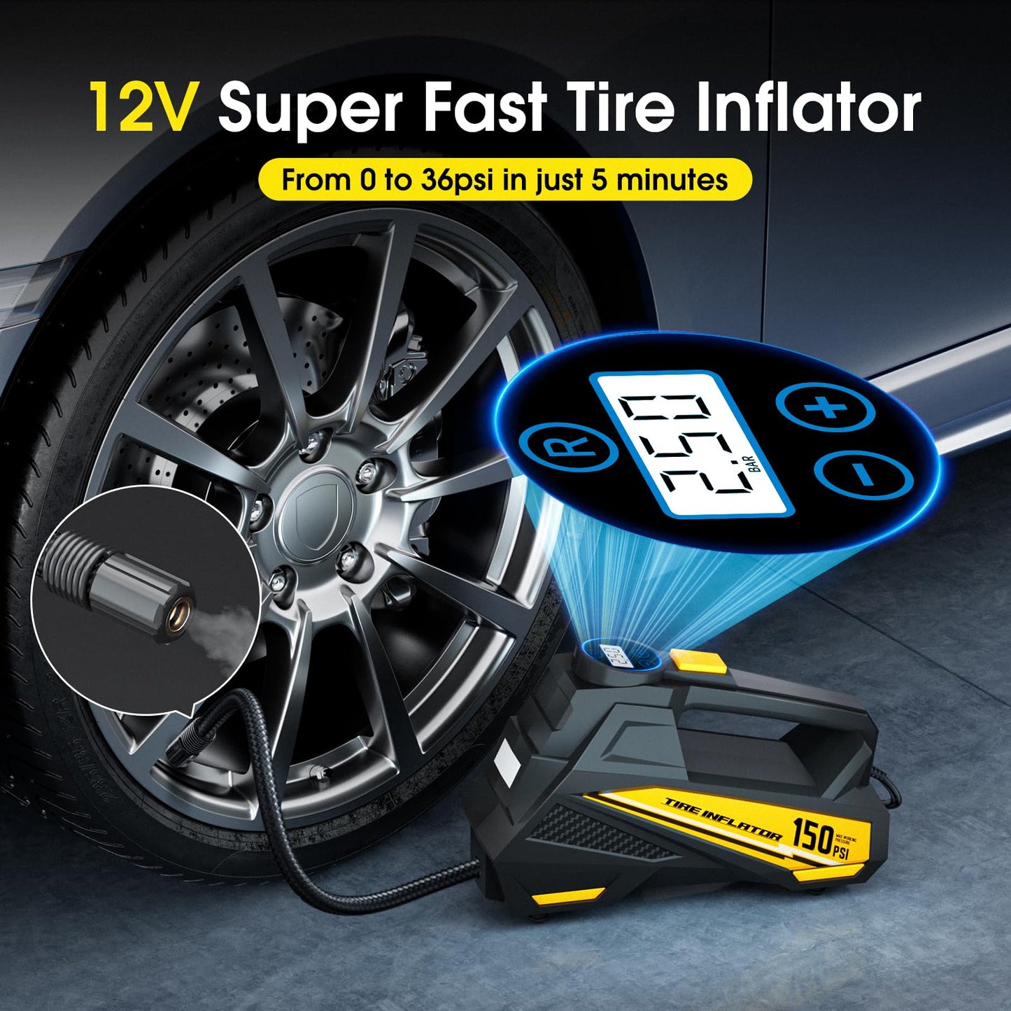 Tire Inflator Portable Air Compressor - DC 12V Air Pump for Car Tires with 150PSI LCD Digital Gauge & Emergency LED Light,Auto Tire Pump for Cars,Motorcycles,Bikes,Balls (Large)