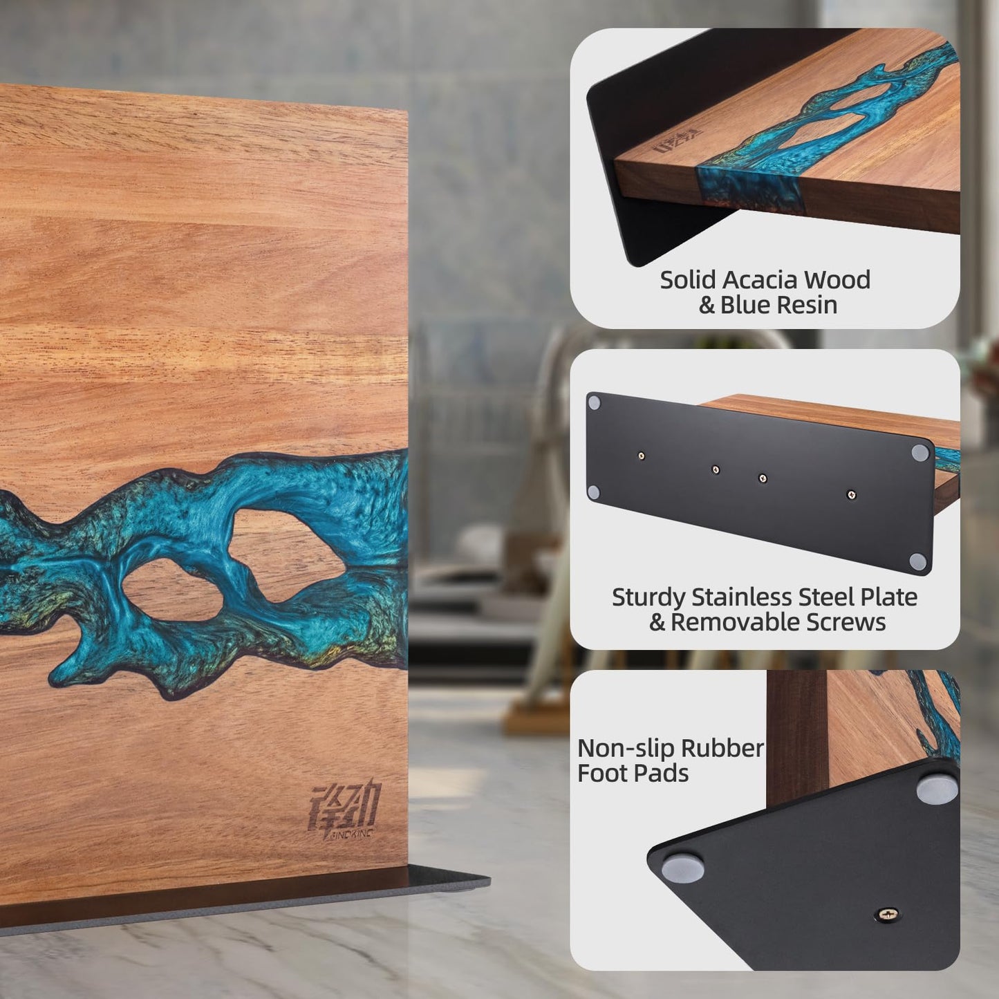 FINDKING Magnetic Knife Block, Double Sided Holder, Powerful Magnet Kitchen Storage, Acacia Wood and Blue Resin (12 x 10 Inches, Without Knives)